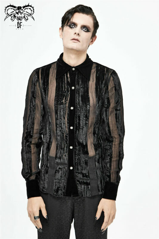 Gothic Punk Irregular Striped Velvet Pleated Tops Basic Style Slim Men Shirts