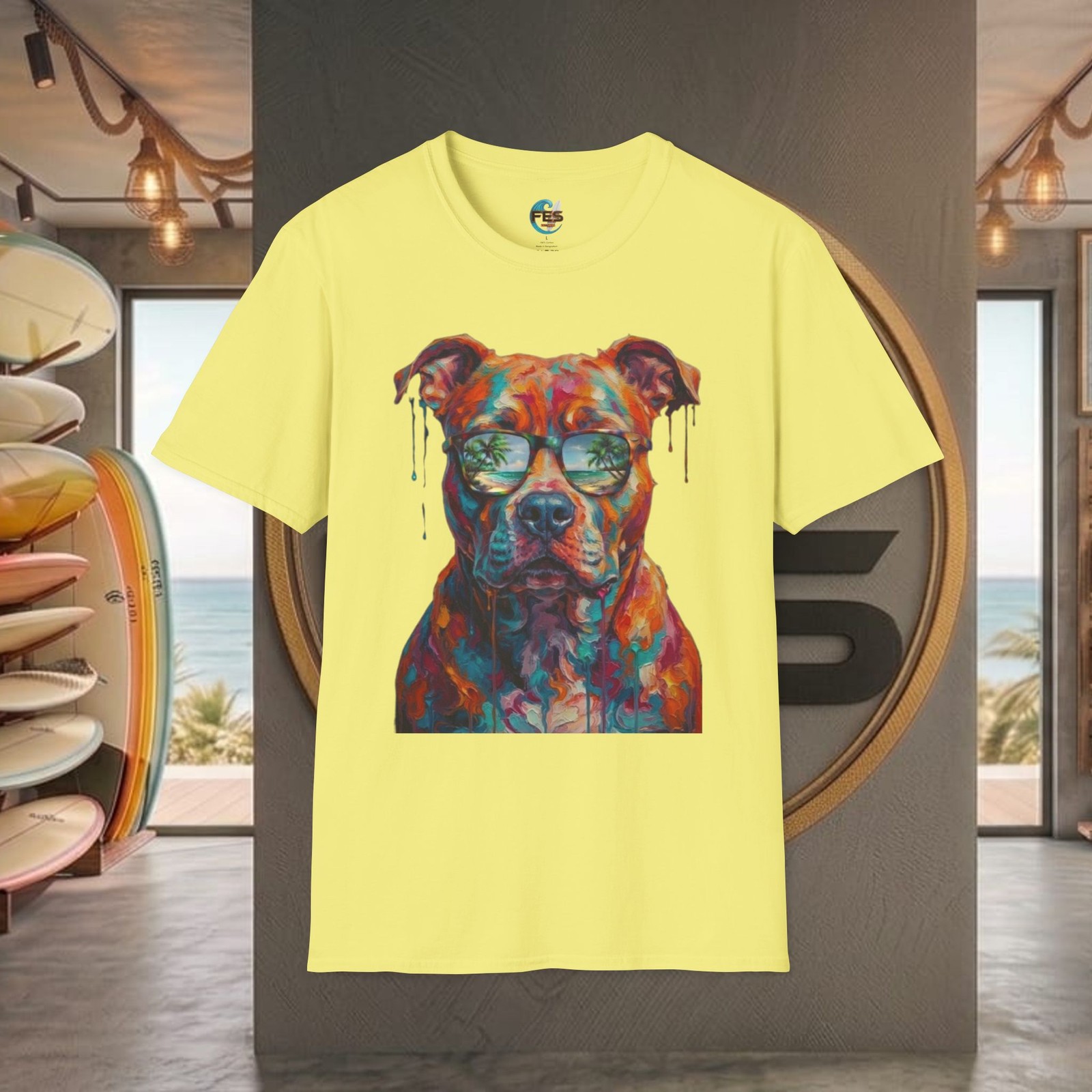 Cool Pitbull Dog Sunglasses Colorful Art UNISEX SoftStyle T-Shirt 15 COLORS