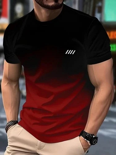 Men’s Vintage Gradient Print Casual Tee Shirt Breathable Polyester O-Neck
