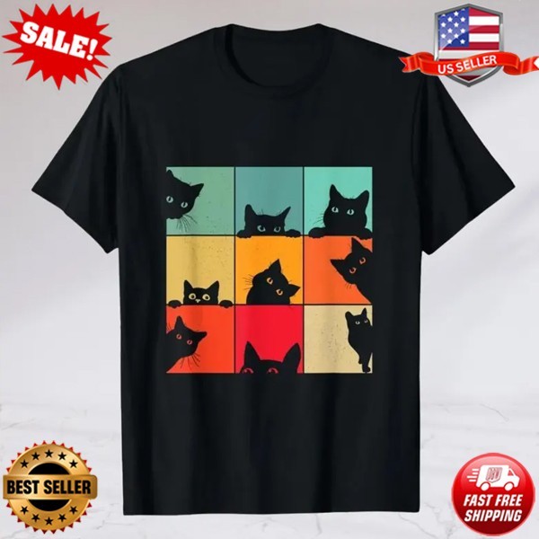 Retro Vintage Black Cats, 80s Style, Cat Owner Funny, Cat Face 70s T-Shirt S-3X
