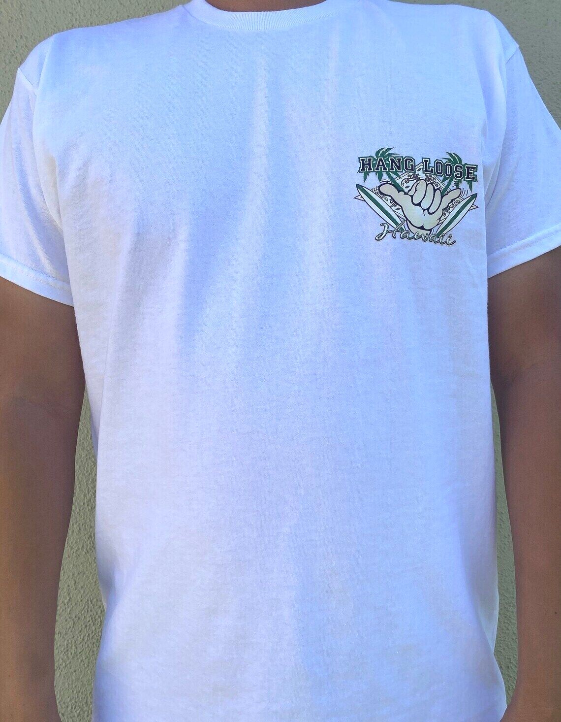 Hawaiian Style Island Hang Loose Shaka Surfboard Men Women White Cotton T-shirt