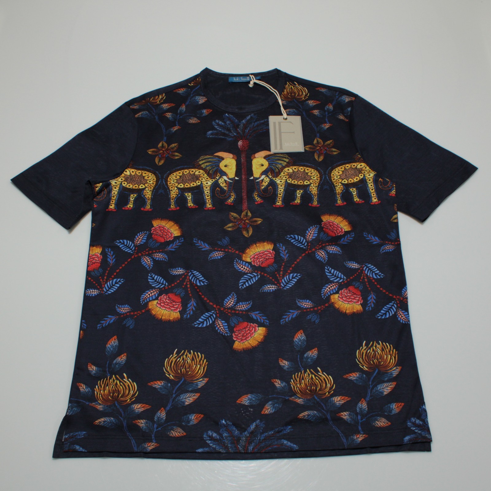 Italo Ferretti NWT Short Sleeve T-Shirt Size L in Blue/Yellow/Multi 100% Cotton