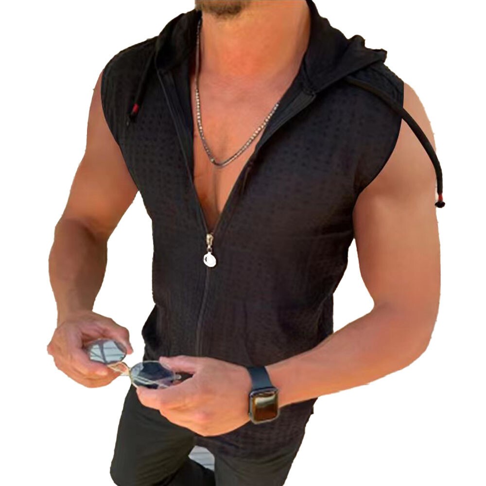 Men Zip-up Hoodie Tank Tops Gym Workout Bodybuilding Sleeveless Casual Vest