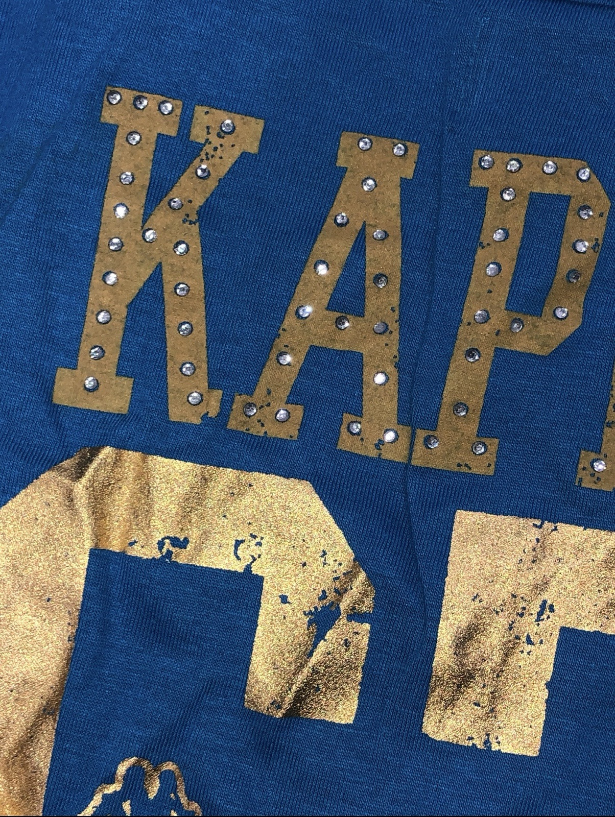 Authentic KAPPA Real Swarovski Crystal UNITY Italian Blue Gold Foil T Shirt L