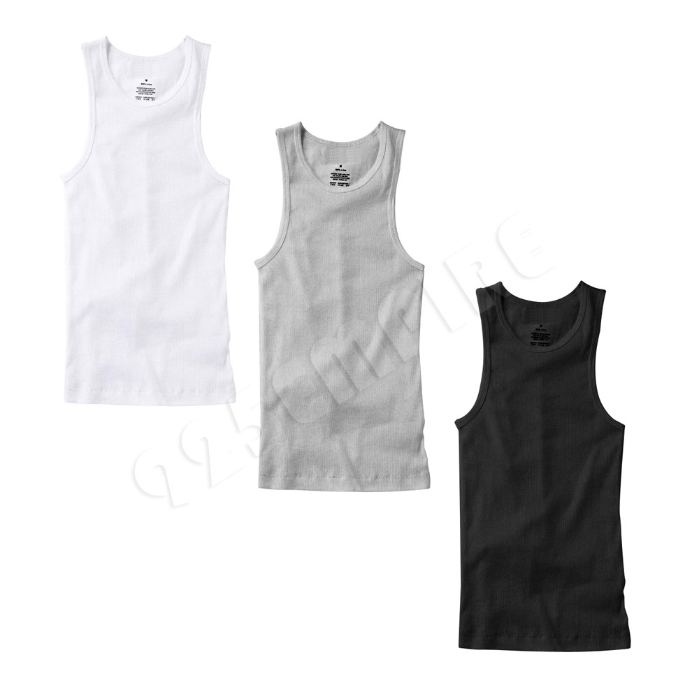 3 Pack Men Tank Top Black/White/Gray Cotton Undershirt Ribbed A-Shirt Size:S-2XL