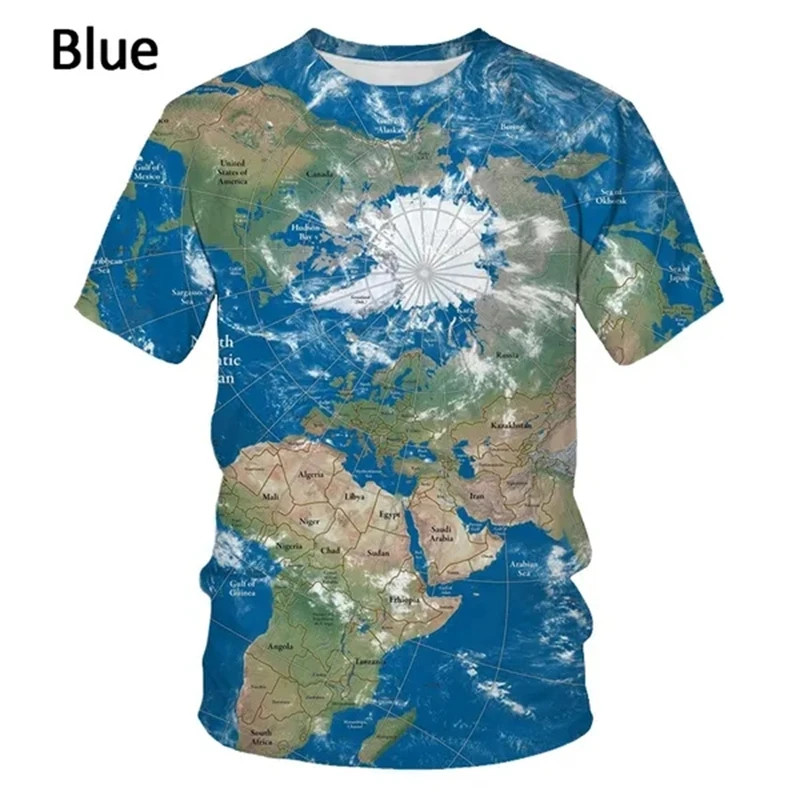 Vibrant Kids Adults 3D World Map T Shirt Crew Neck Graphic Travel Tee