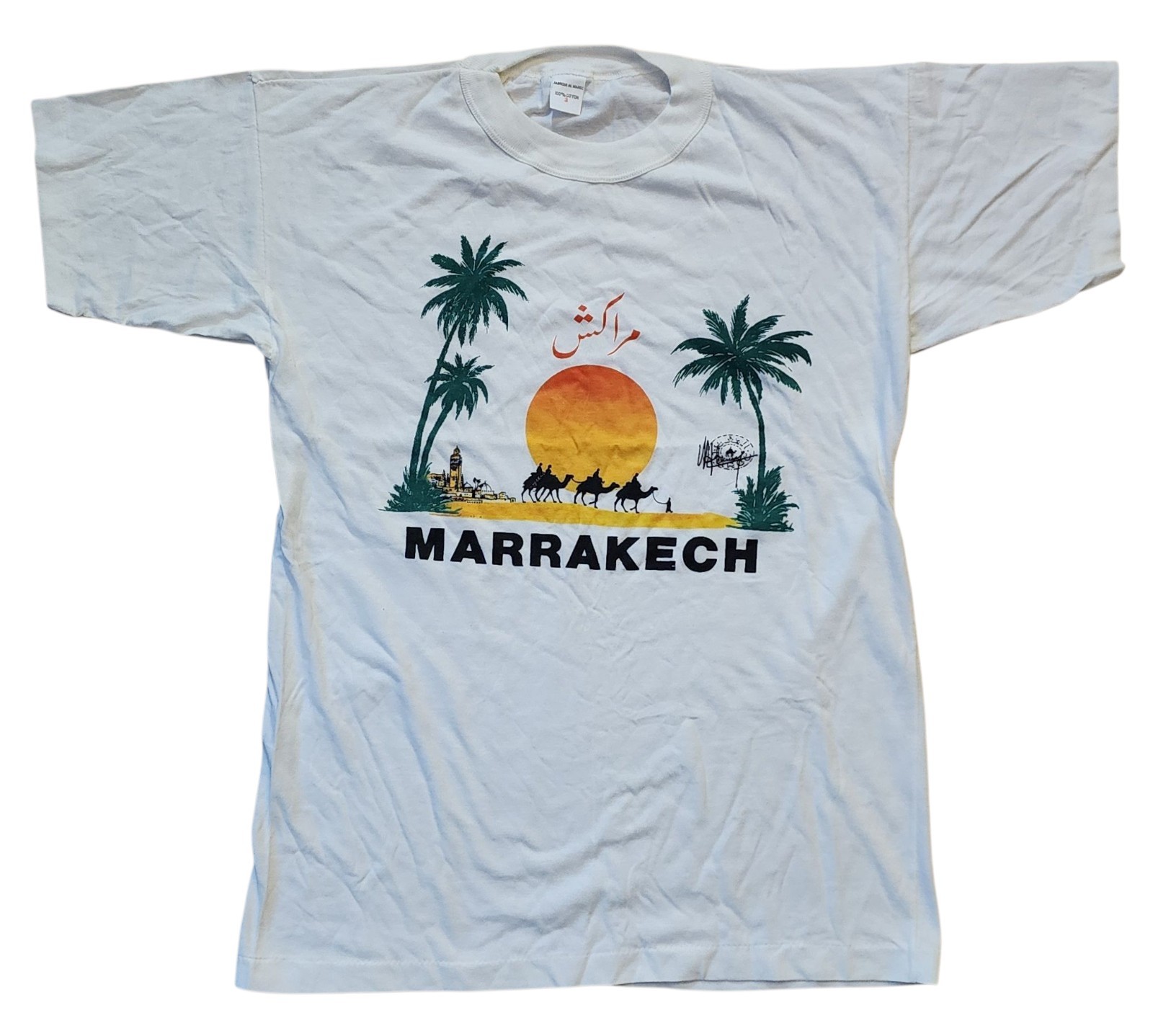 Vintage Marrakech Morocco T-Shirt Desert Sunset Camel Caravan 100% Cotton Sz 3/M