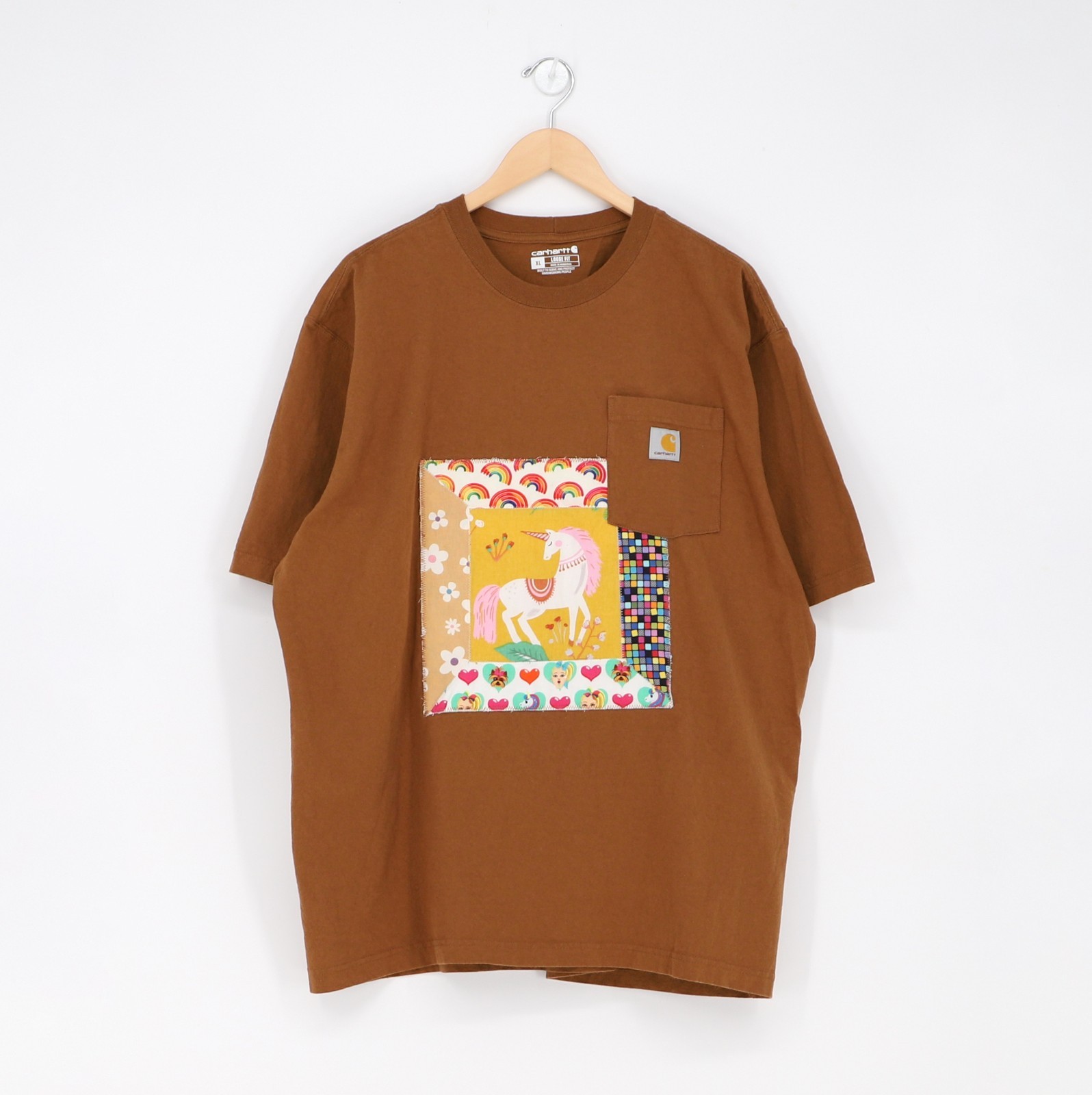 Upcycled Reworked Quilted Patchwork Unicorn Short Sleeve T-Shirt in Brown