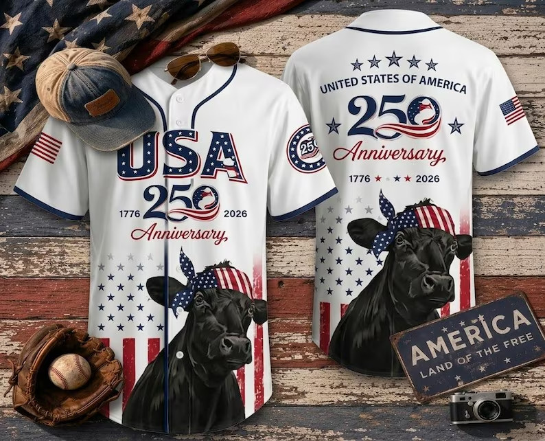 USA 250th Anniversary Baseball Jersey Patriotic Cow Bandana Unisex Adult & Kids