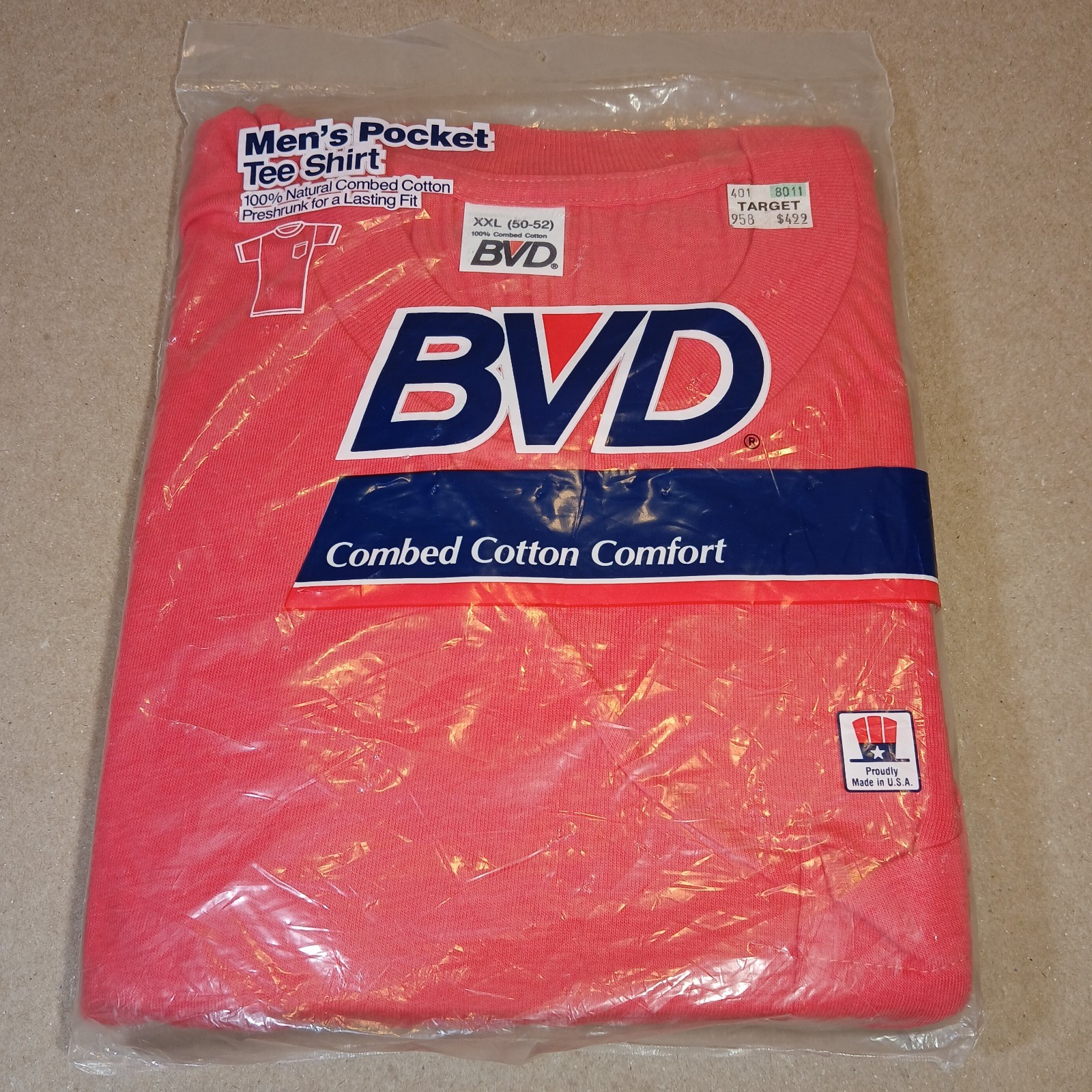 Vintage BVD Mens Red Pocket Tee XXL (50-52) Combed Cotton USA Made BRAND NEW