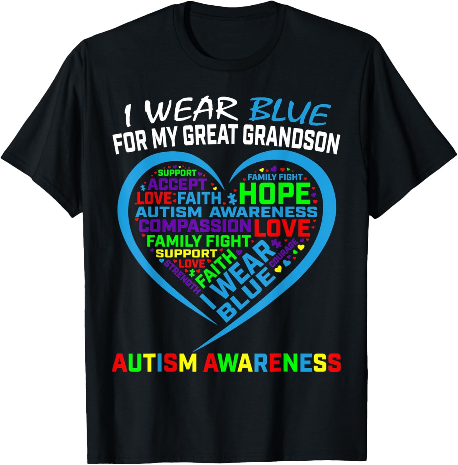 I Wear Blue For My Great Grandson Autism Awareness Heart T-Shirt
