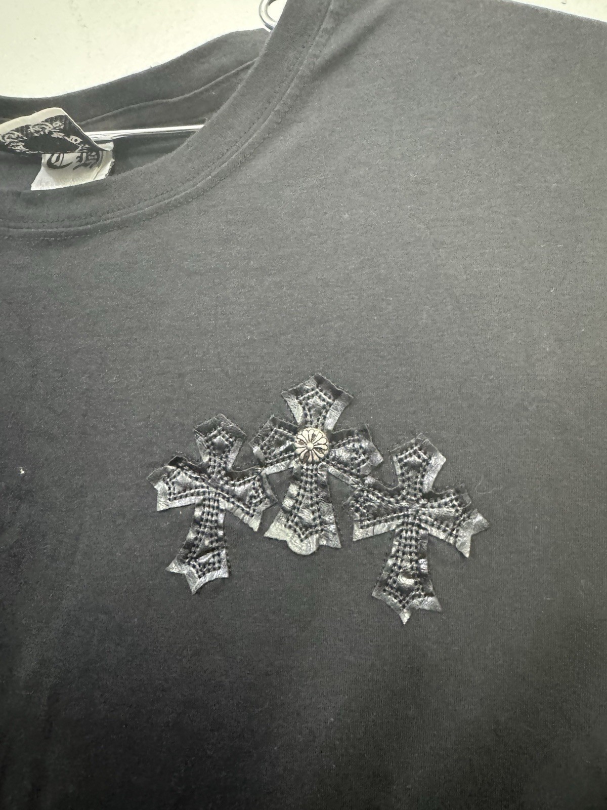 Chrome Hearts Multi Cross Patch Leather T-Shirt XXL Faded Black USA Rare
