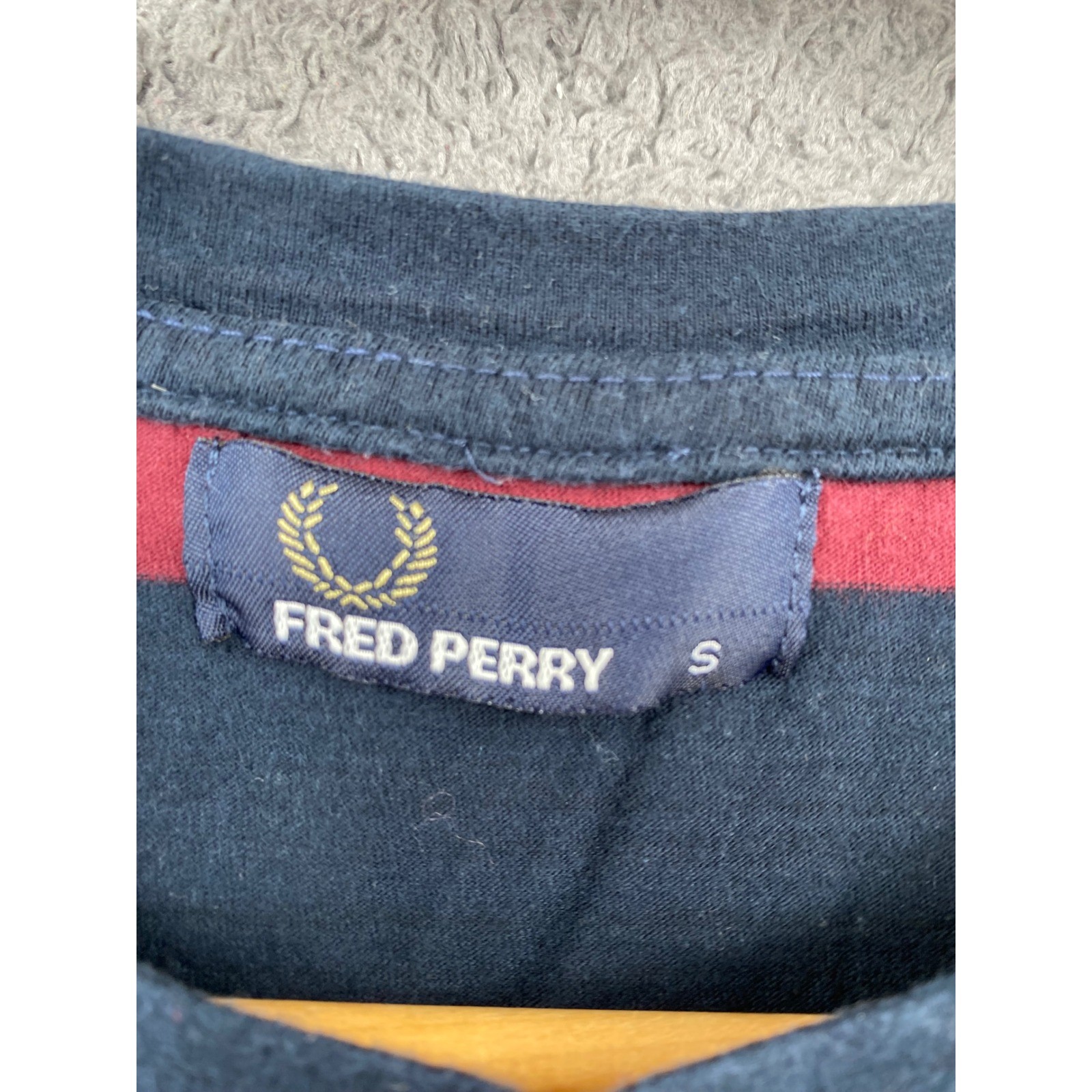 Fred Perry Striped T-Shirt Size S Navy Blue Burgundy Mod Indie Laurel Wreath Tee