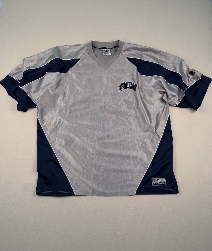 Vintage FUBU Sports Jersey XXL Grey Navy Mesh Y2K Hip Hop Streetwear Shirt