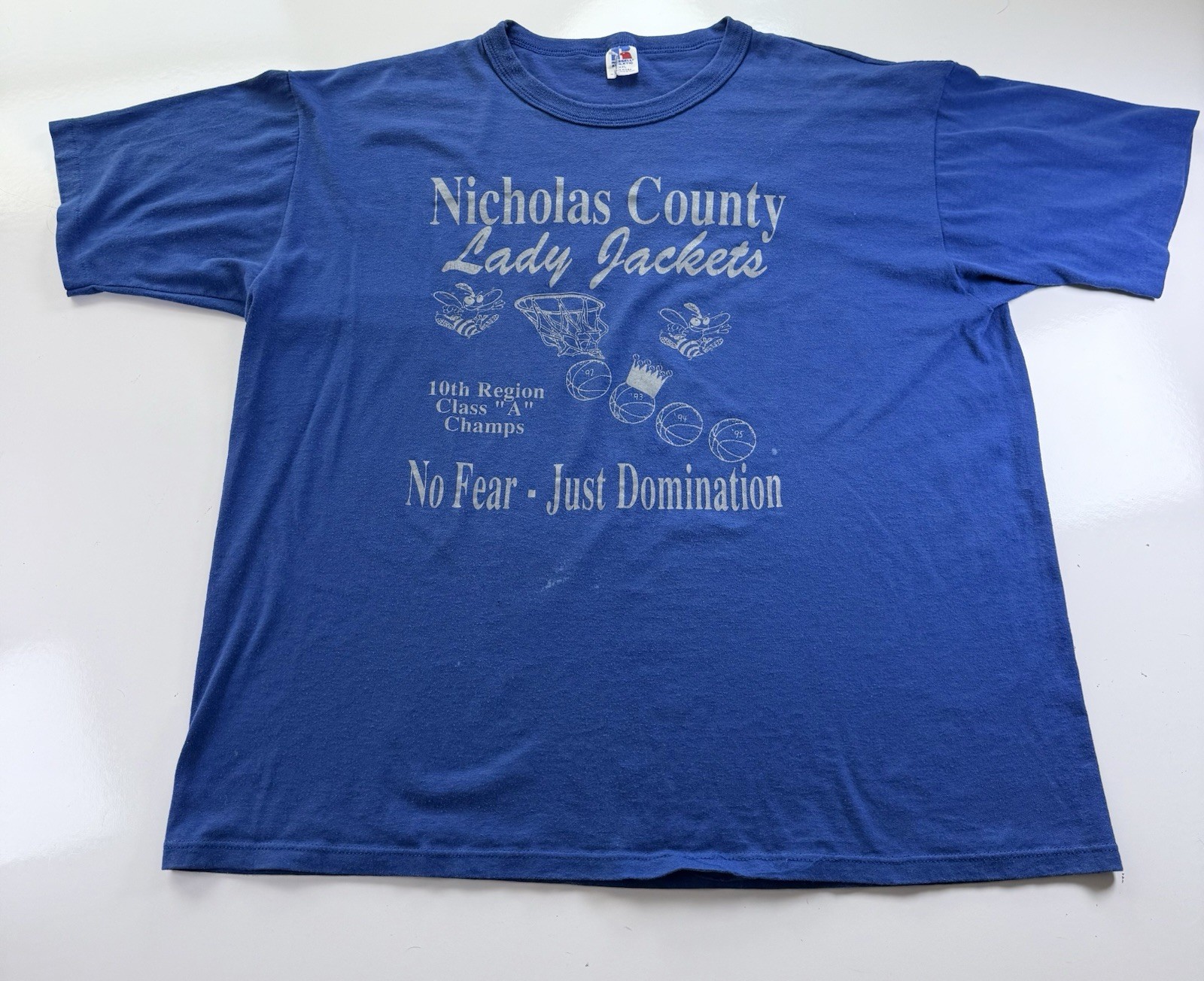 Vintage 90s Russell Athletic Nicholas County Lady tee Blue T-Shirt XXL USA made