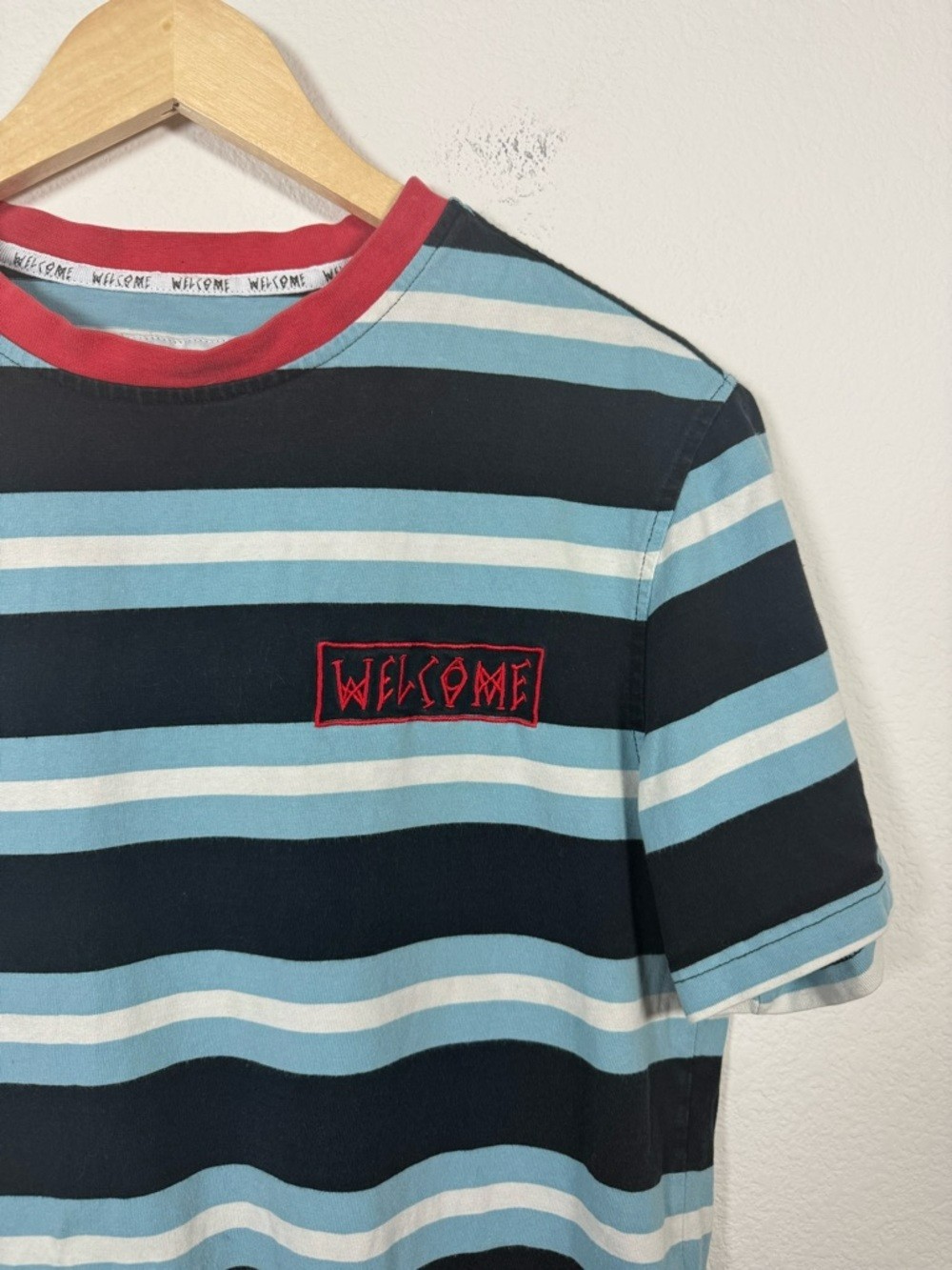 Welcome Skateboards Men’s Striped Crewneck Tee Blue/Red/Black/White M