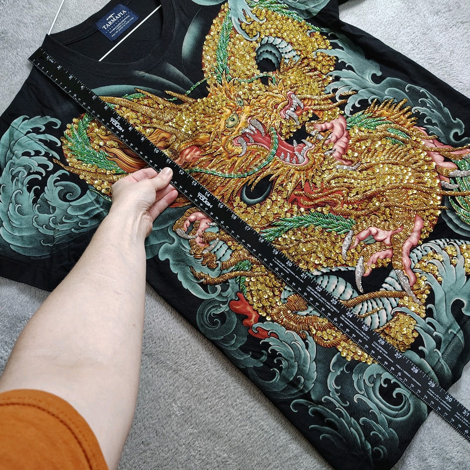 TARMAFIA Year of the Dragon Handmade Sequin & Beaded Mens L Shirt Power Fortune