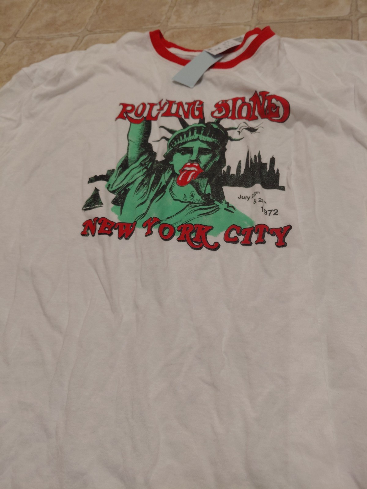 Rolling Stones New York City 1972 T-Shirt XXL White Ringer Tee Statue Liberty