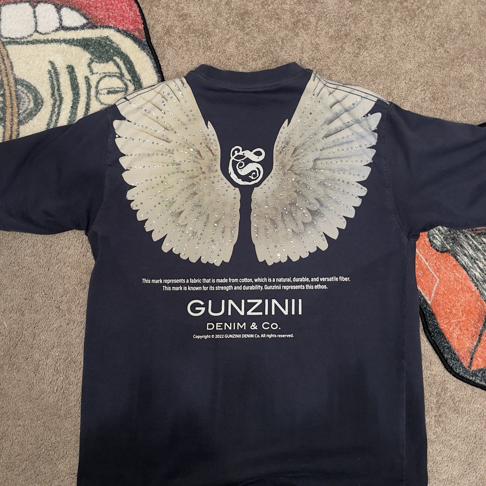 Gunzinii Denim & Co. Navy Graphic Rhinestone Short Sleeve Crew Neck T-Shirt