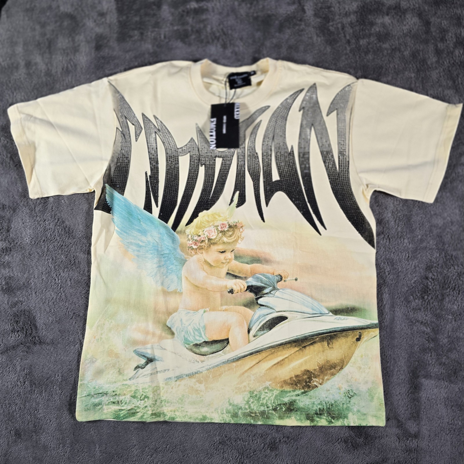 Mixed Emotion Clothing Jetski Rhinestone T-Shirt Mens Cream Y2K Streetwear Size