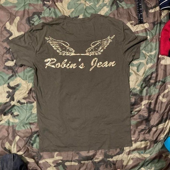 Robins Jean olive graphic tee gold foil detail mens M/20