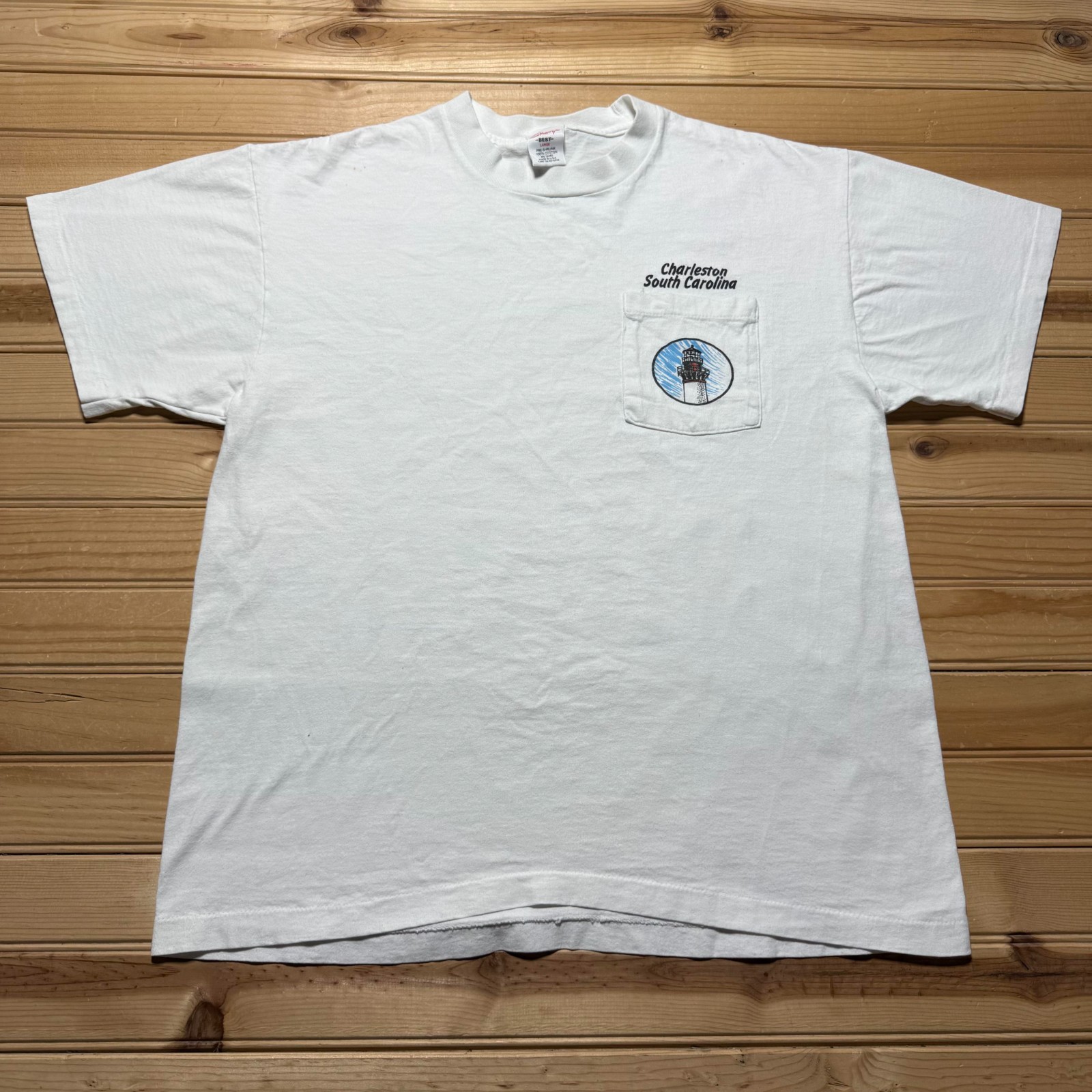 Vintage 90s Coastal Lighthouses Charleston South Carolina Pocket Shirt USA Large