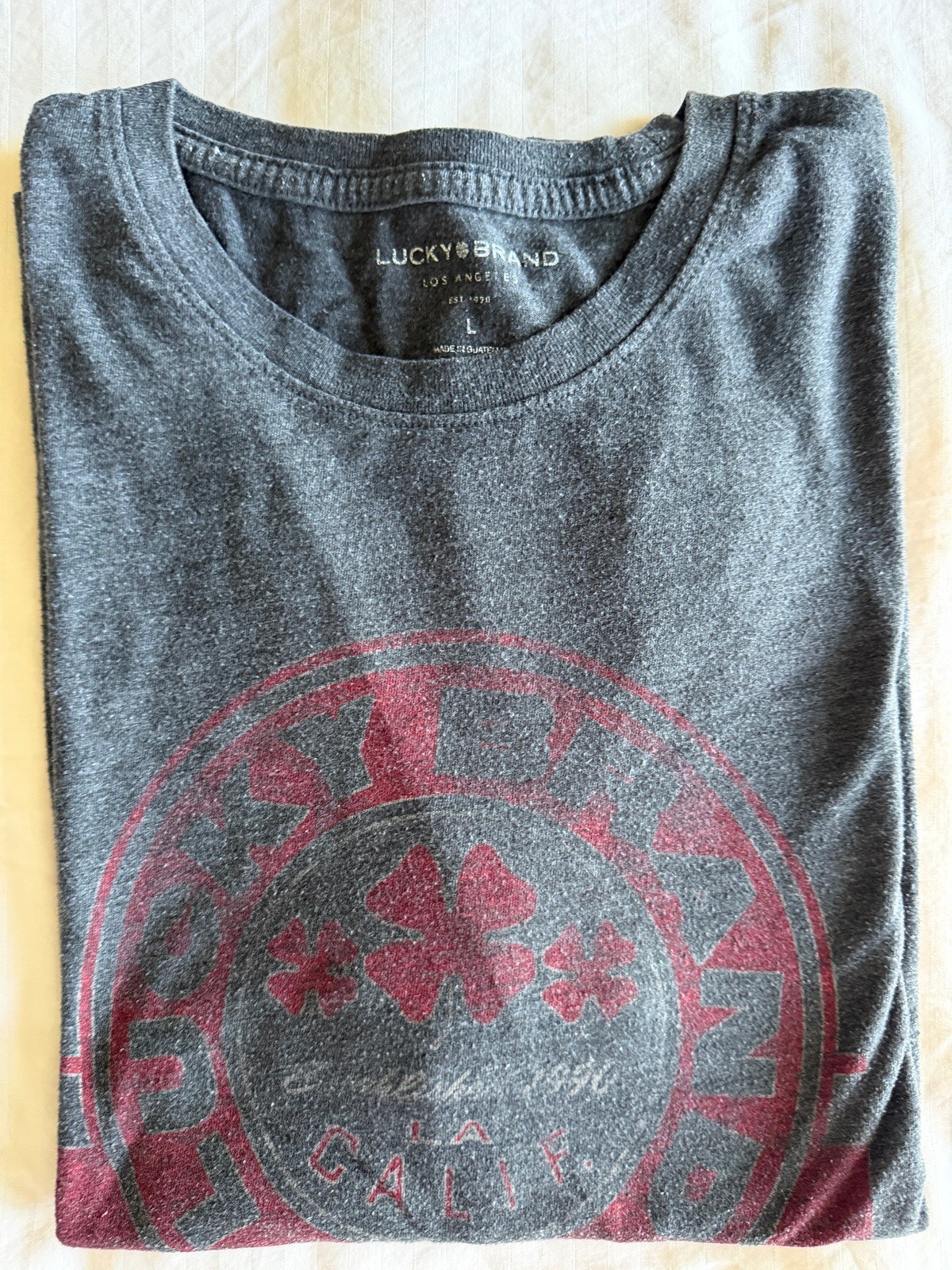 Lucky Brand Mens Graphic T-Shirt Heather Green Gray Sleeve Graphic Logo Size L