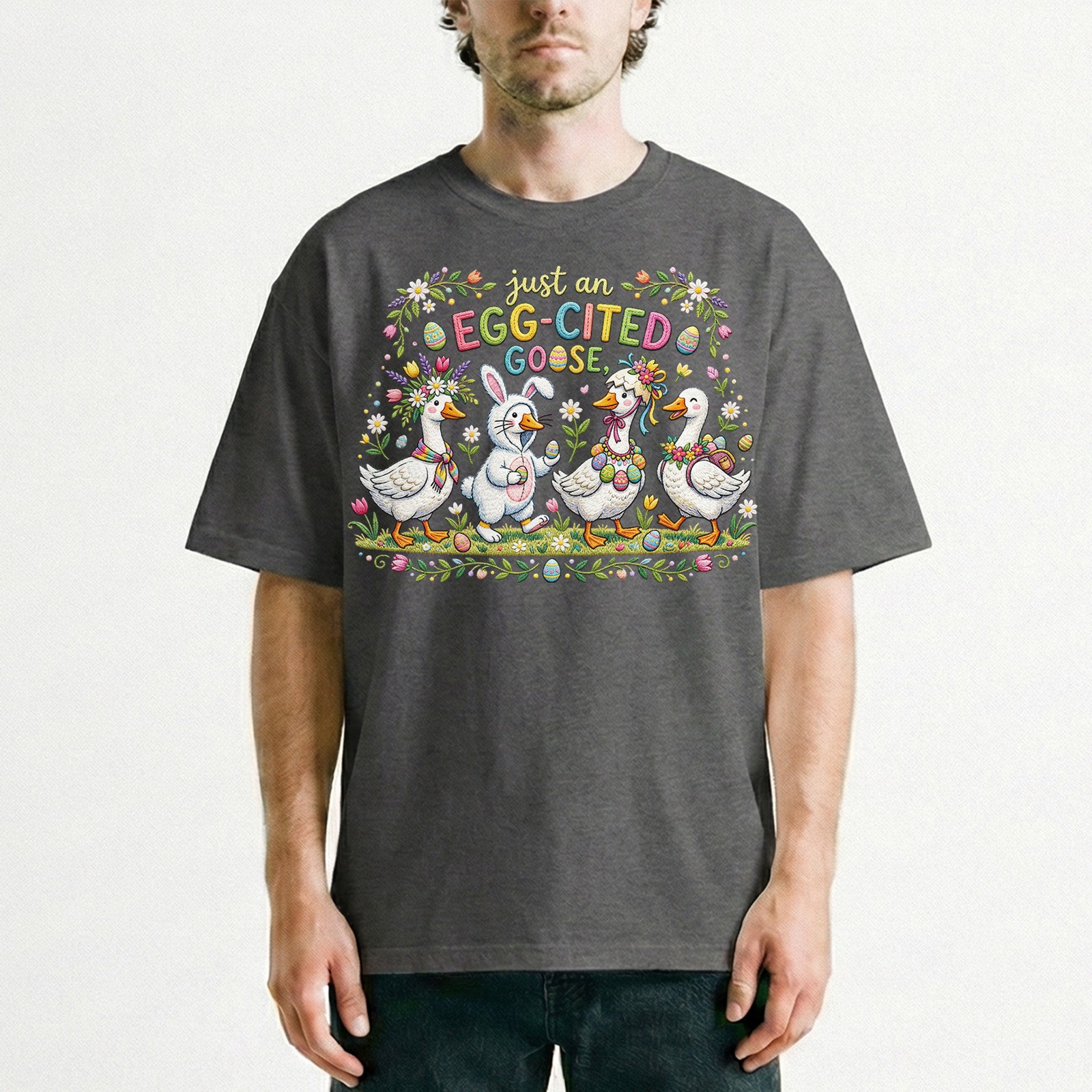 Egg Cited Goose Easter Duck Floral T-Shirt Spring Holiday Cute Animal Tee