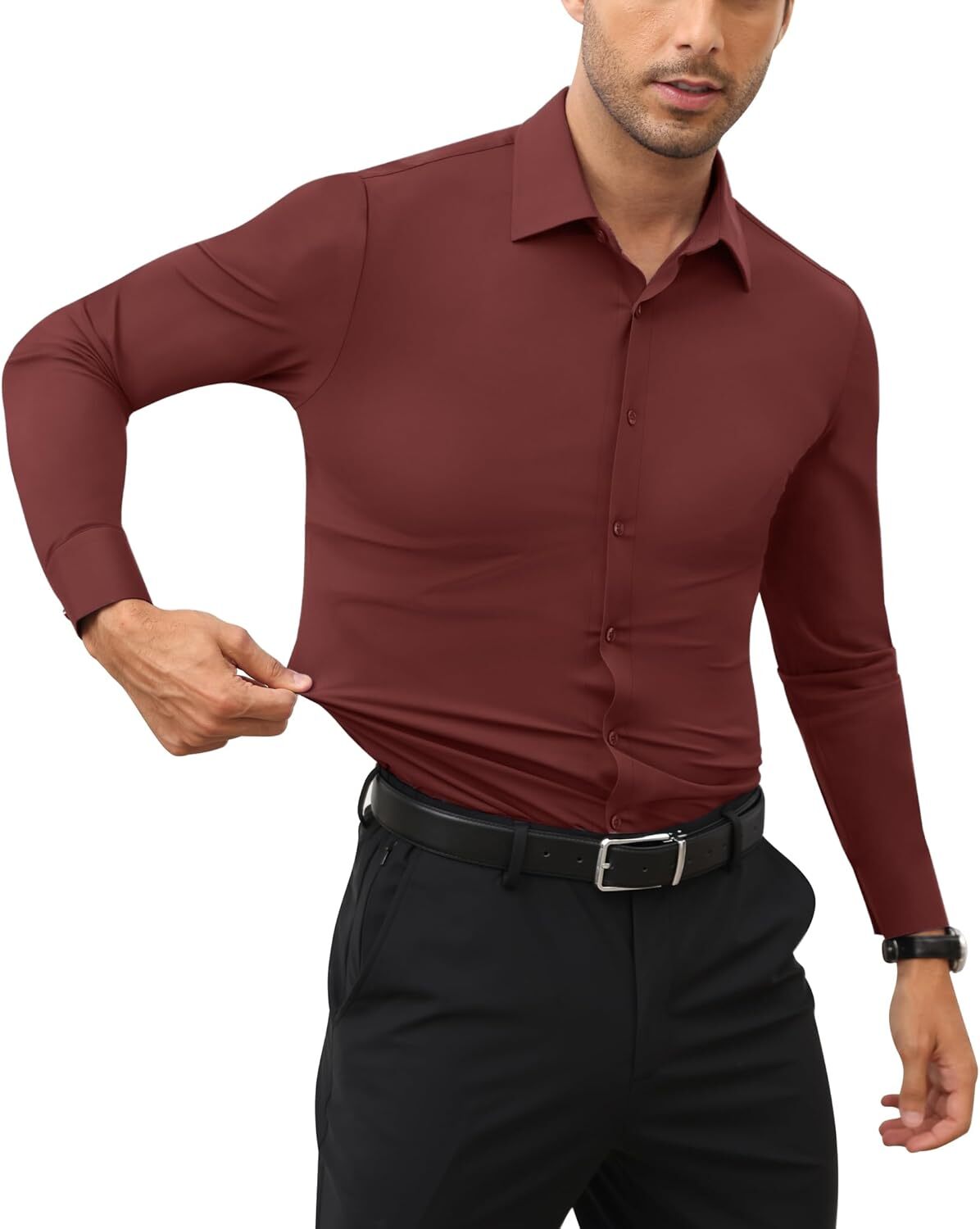 Stretch Slim Fit Wrinkle Free Long Sleeve Dress Shirt for Men Button Down