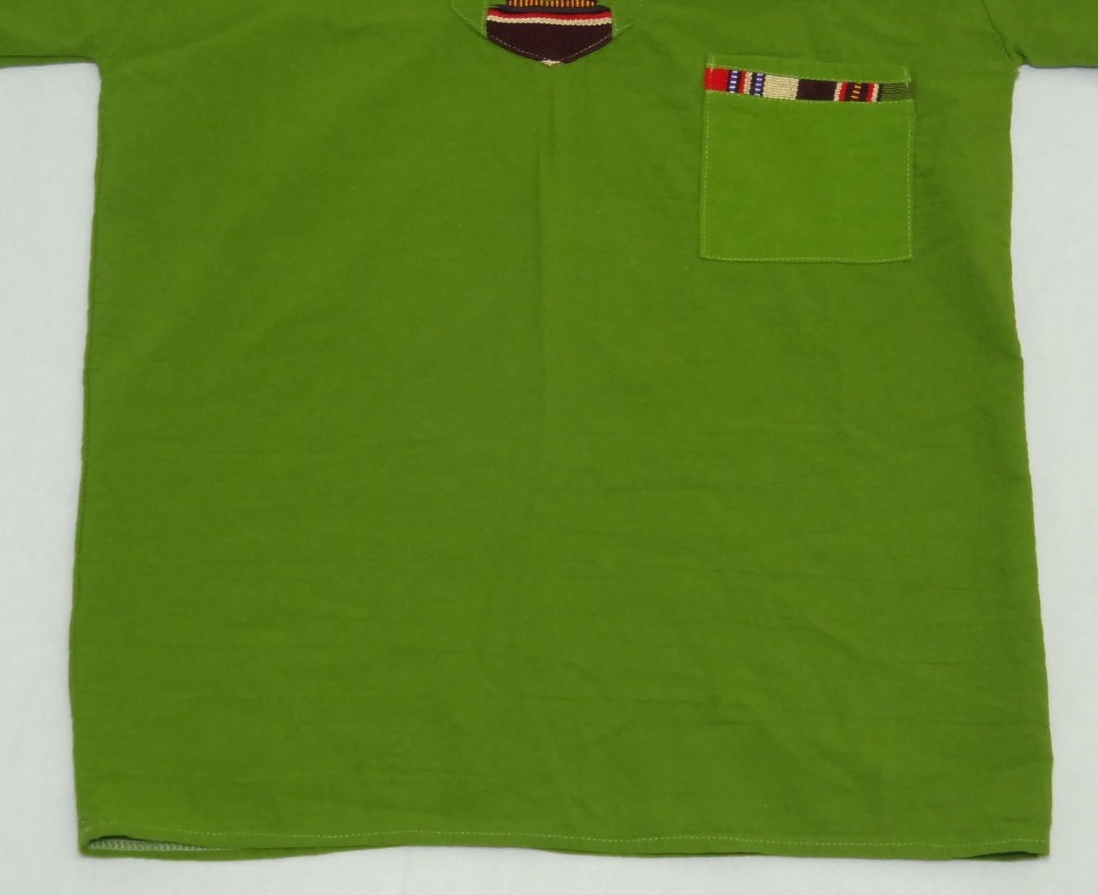 Artisanal Guatemalan Colorful Trim Shirt Green Cotton Mayan Men’s M / Women’s L