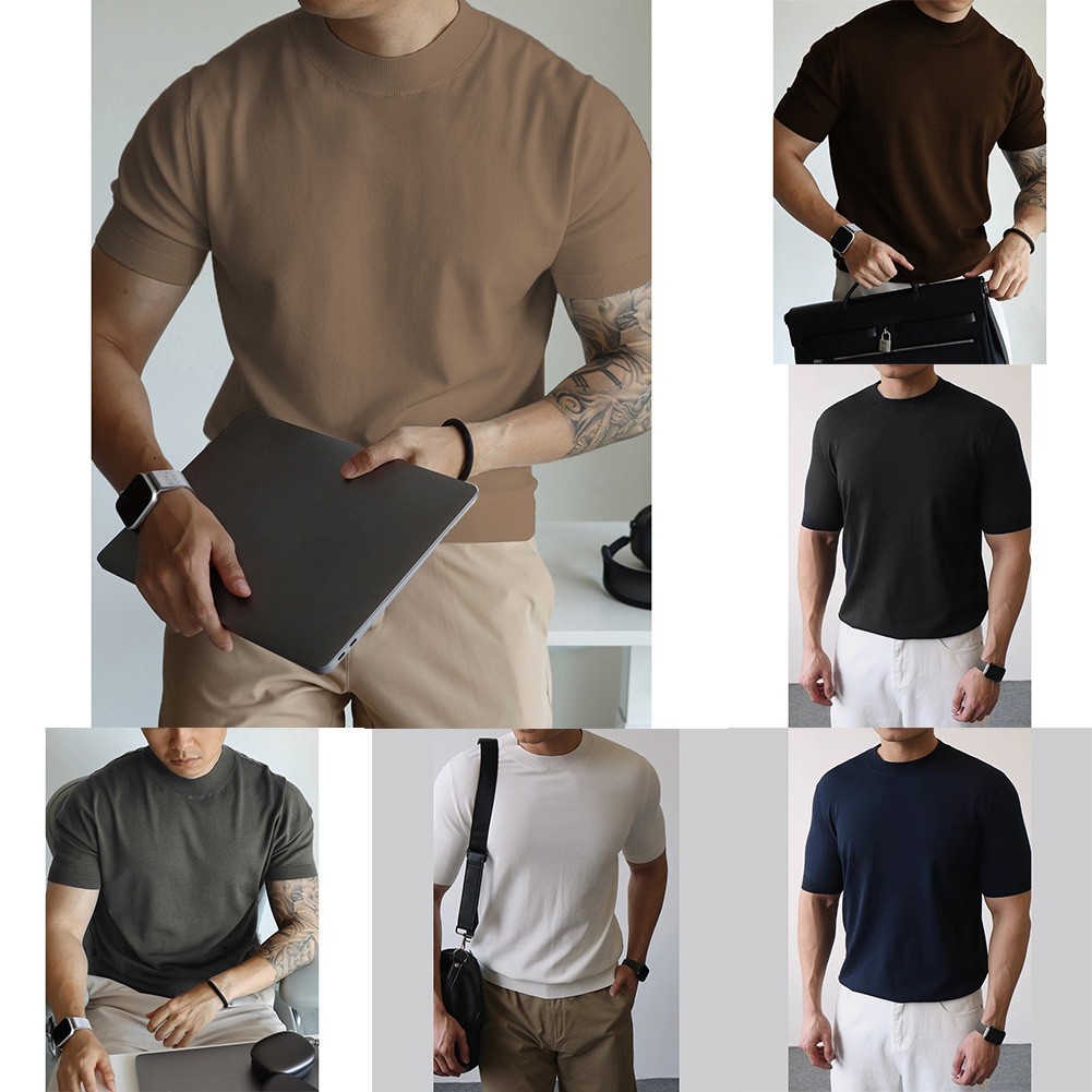 Mens Knitted Half-High Collar Short Sleeve T-Shirt Casual Slim Knit Pullover Top