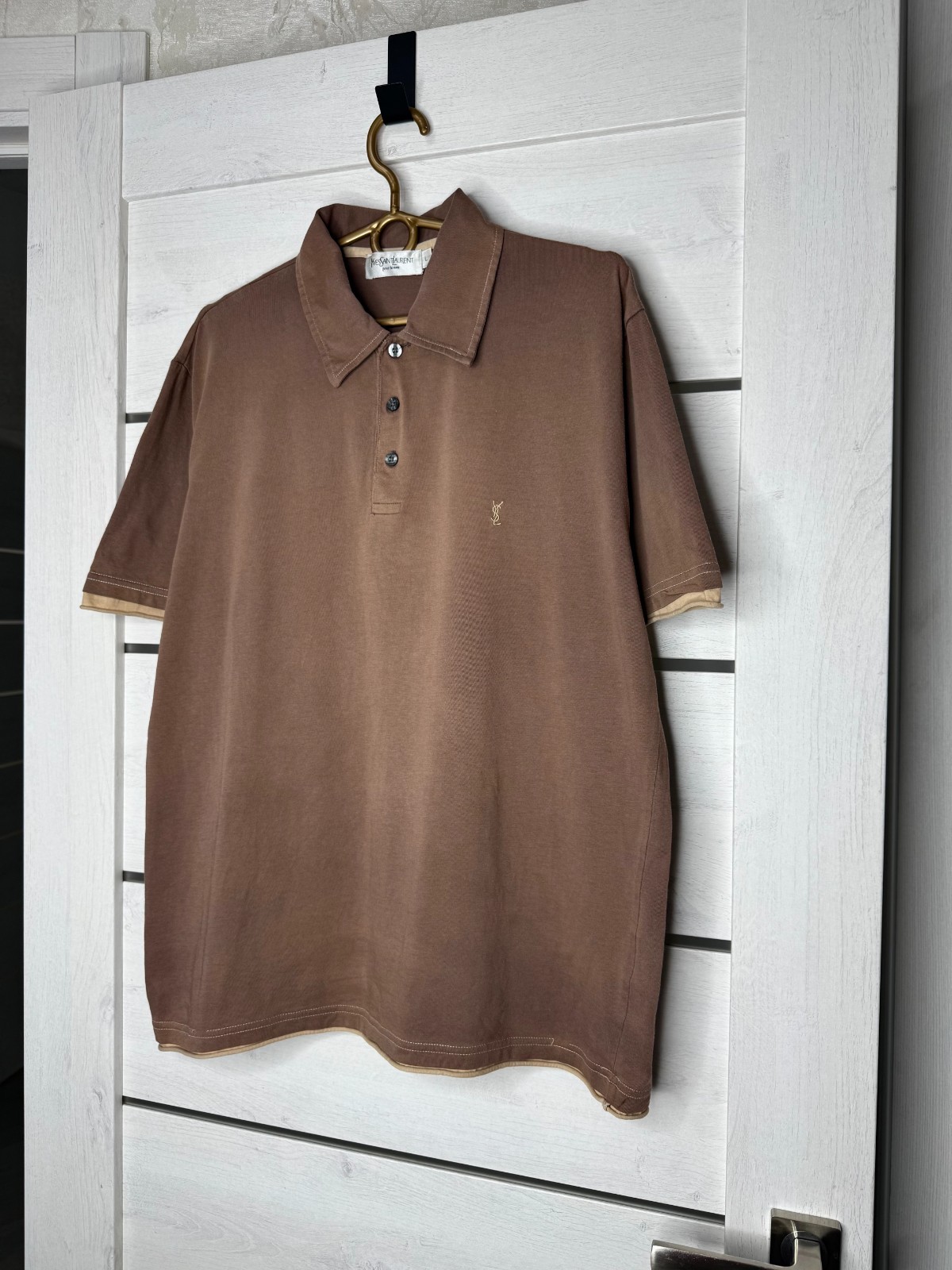 Vintage Yves Saint Laurent Pour Homme Polo Shirt Brown Size L YSL Embroidered