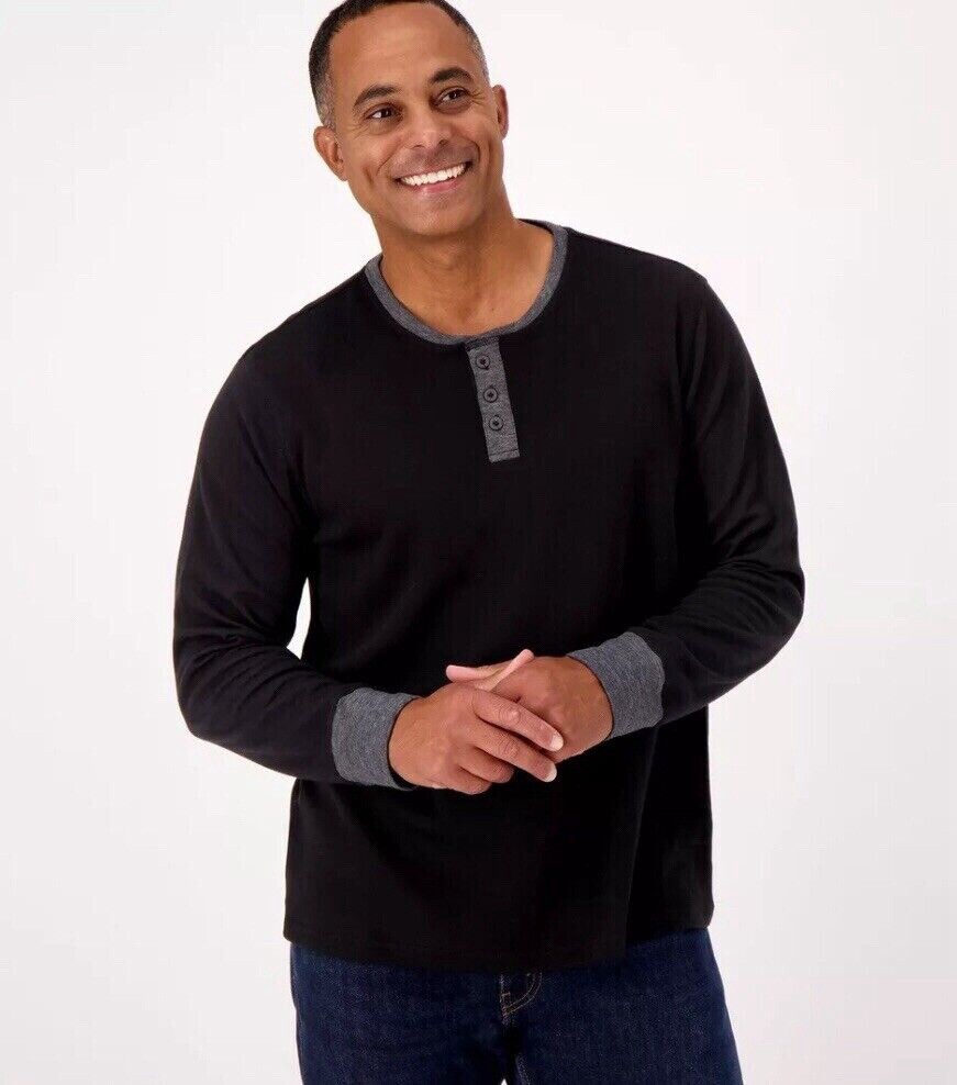 Cuddl Duds Mens Double Jersey Henley Shirt Mens Size L Black Long Sleeve QVC