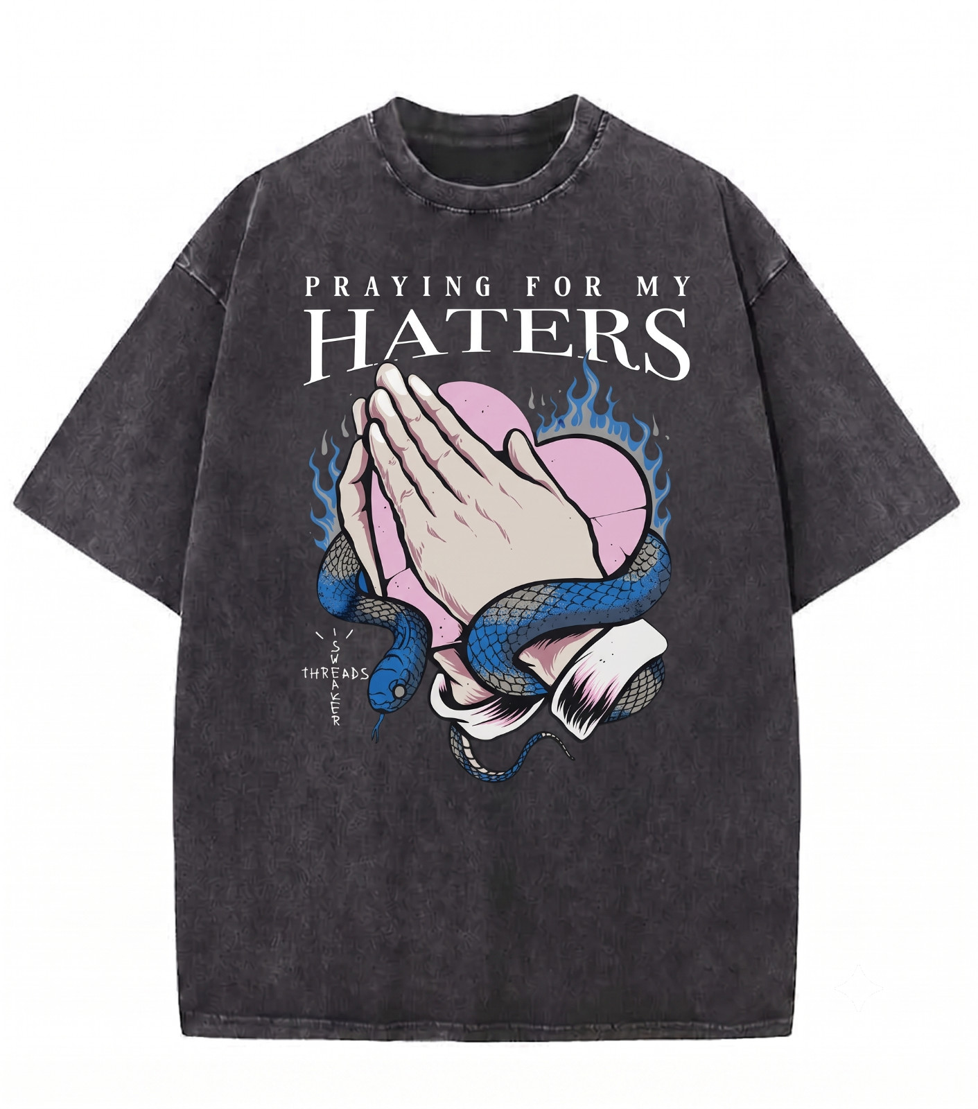 Mens Vintage Wash Hip Hop T-Shirt Praying For My Haters Graphic Streetwear Tee