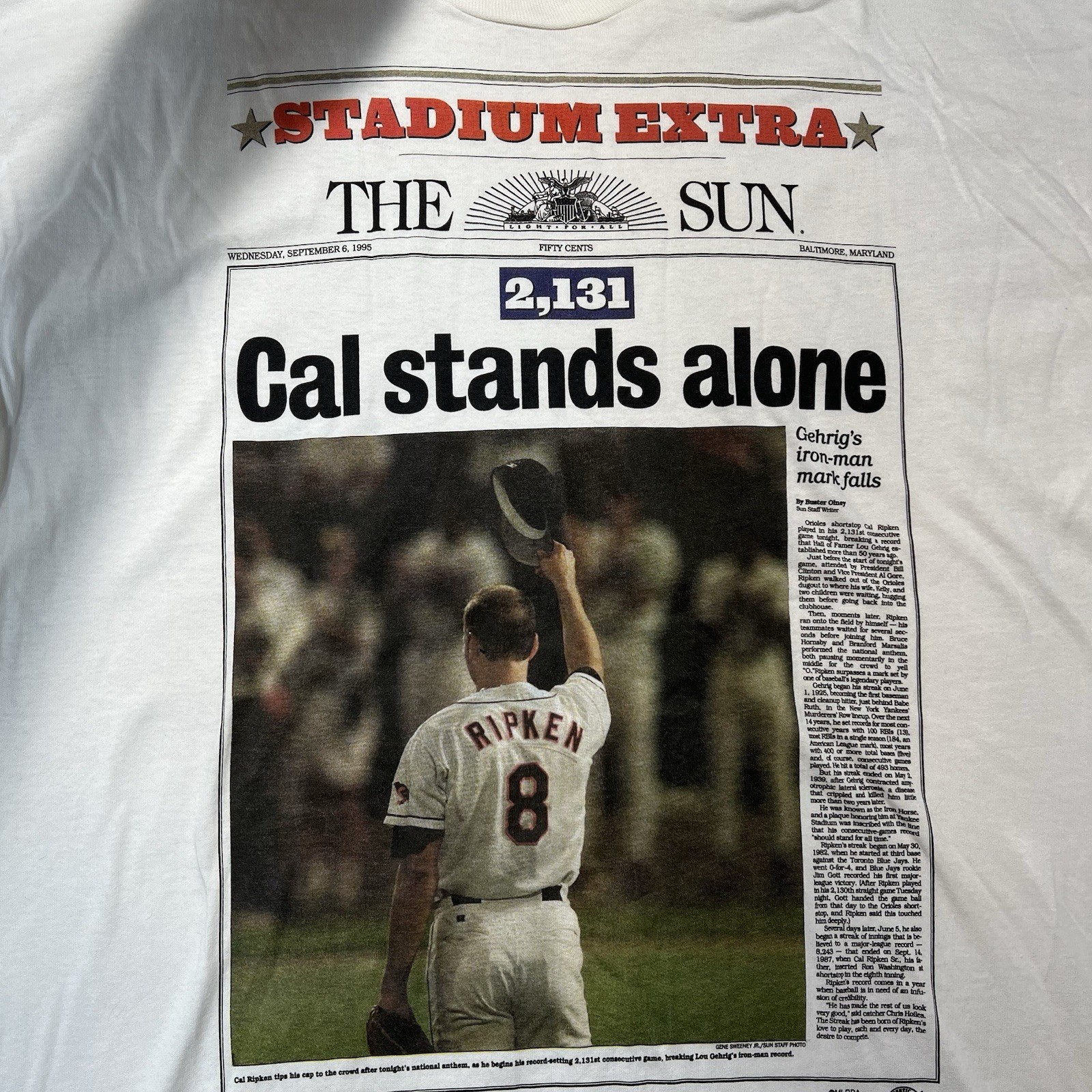 Vintage 90s Cal Ripken Jr Baltimore Orioles MLB T-shirt Size L Single Stitch