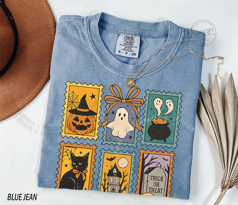 Halloween Postage Stamp Shirt Ghost Black Cat Haunted House Tee Gildan Unisex