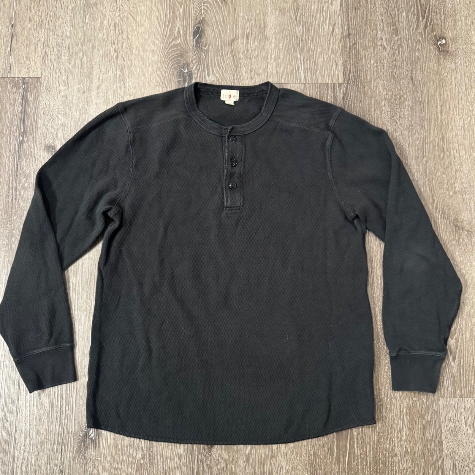 J.Crew Henley Shirt Men Medium Black Waffle Knit Oarsman Long Sleeve Thermal