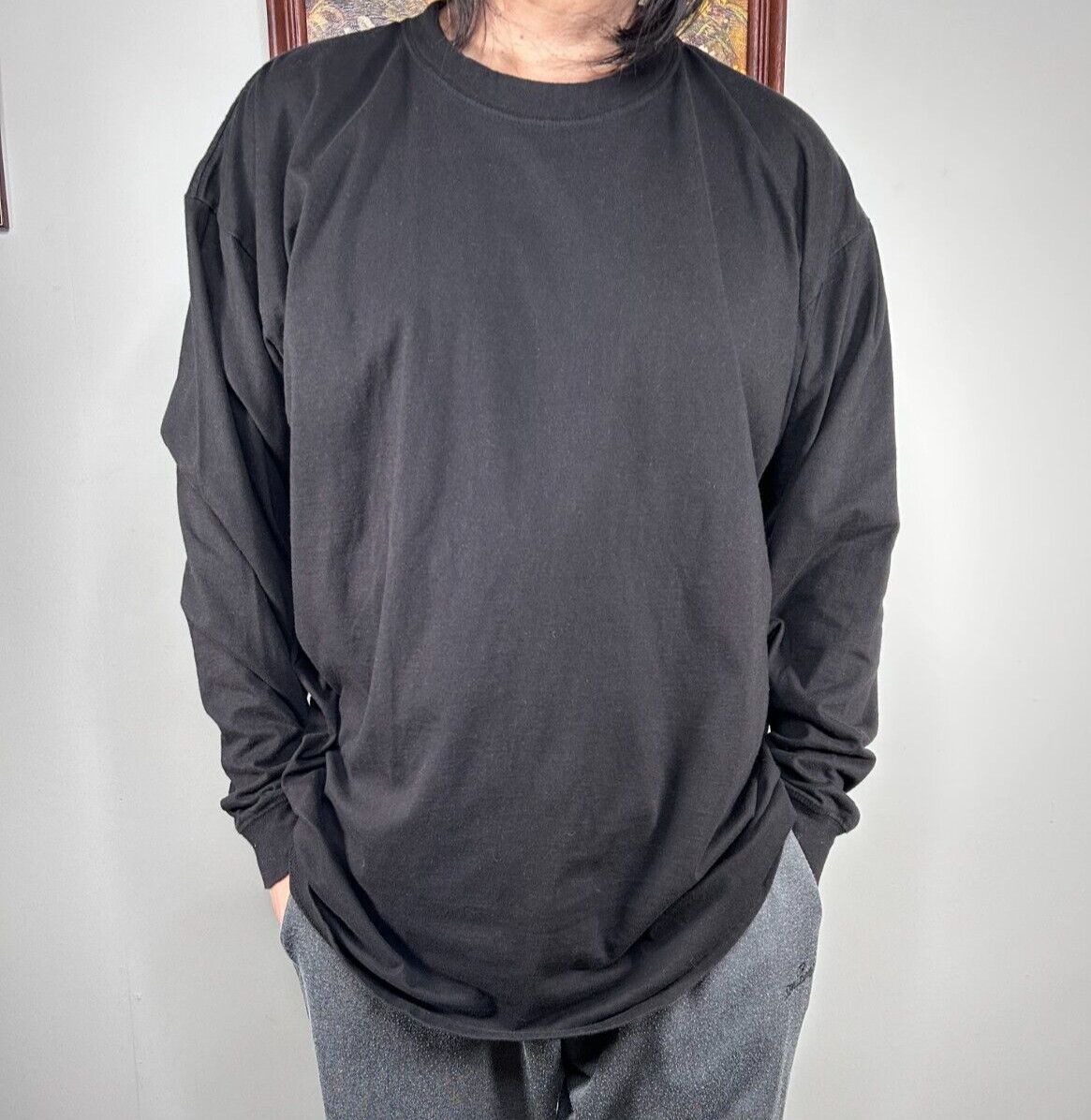 Sada Long Sleeve Shirt Top Men’s 2X Crew Neck Black Casual 100% Cotton