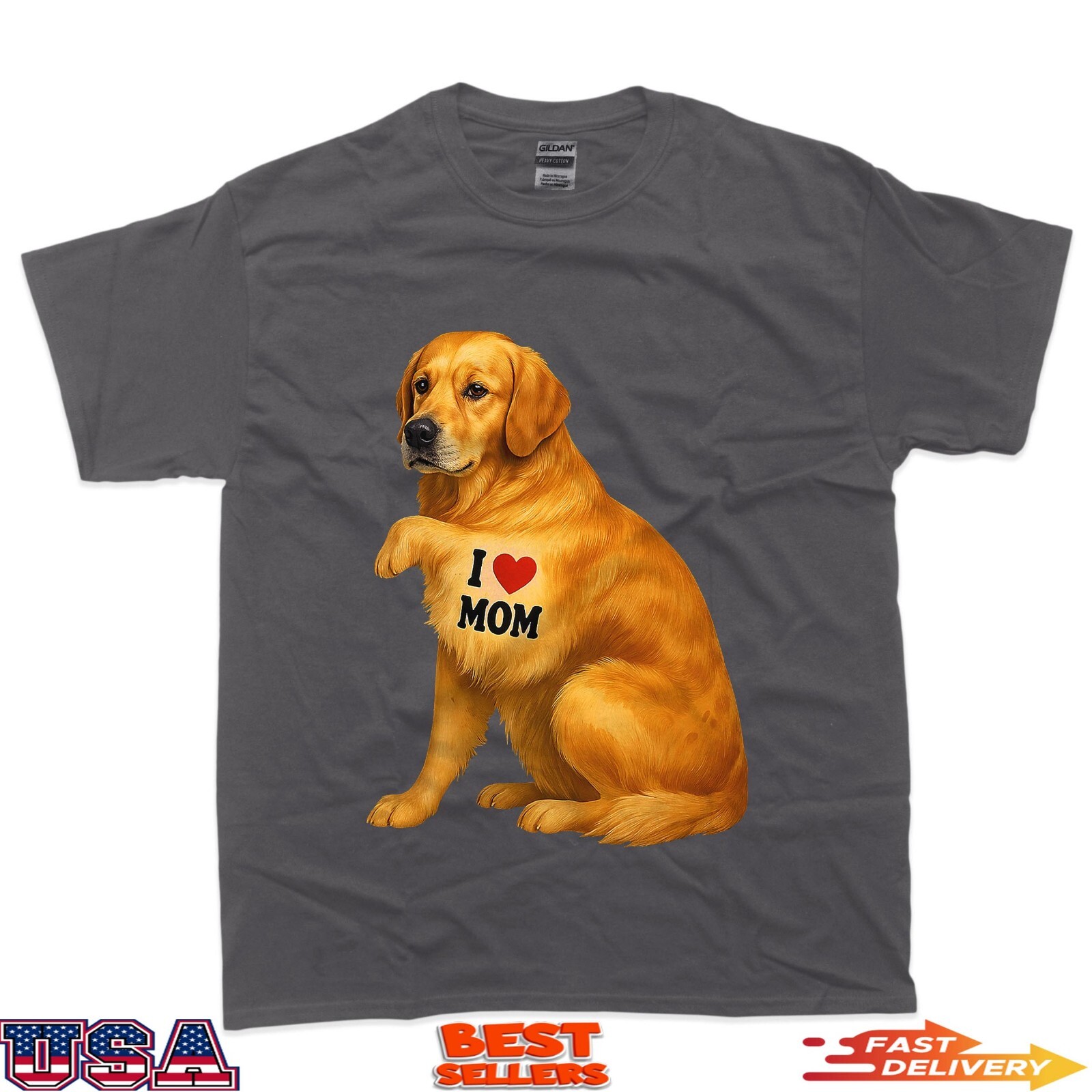 Patriotic I Love Mom Golden Retriever Funny Mama Dog Owner T-Shirt