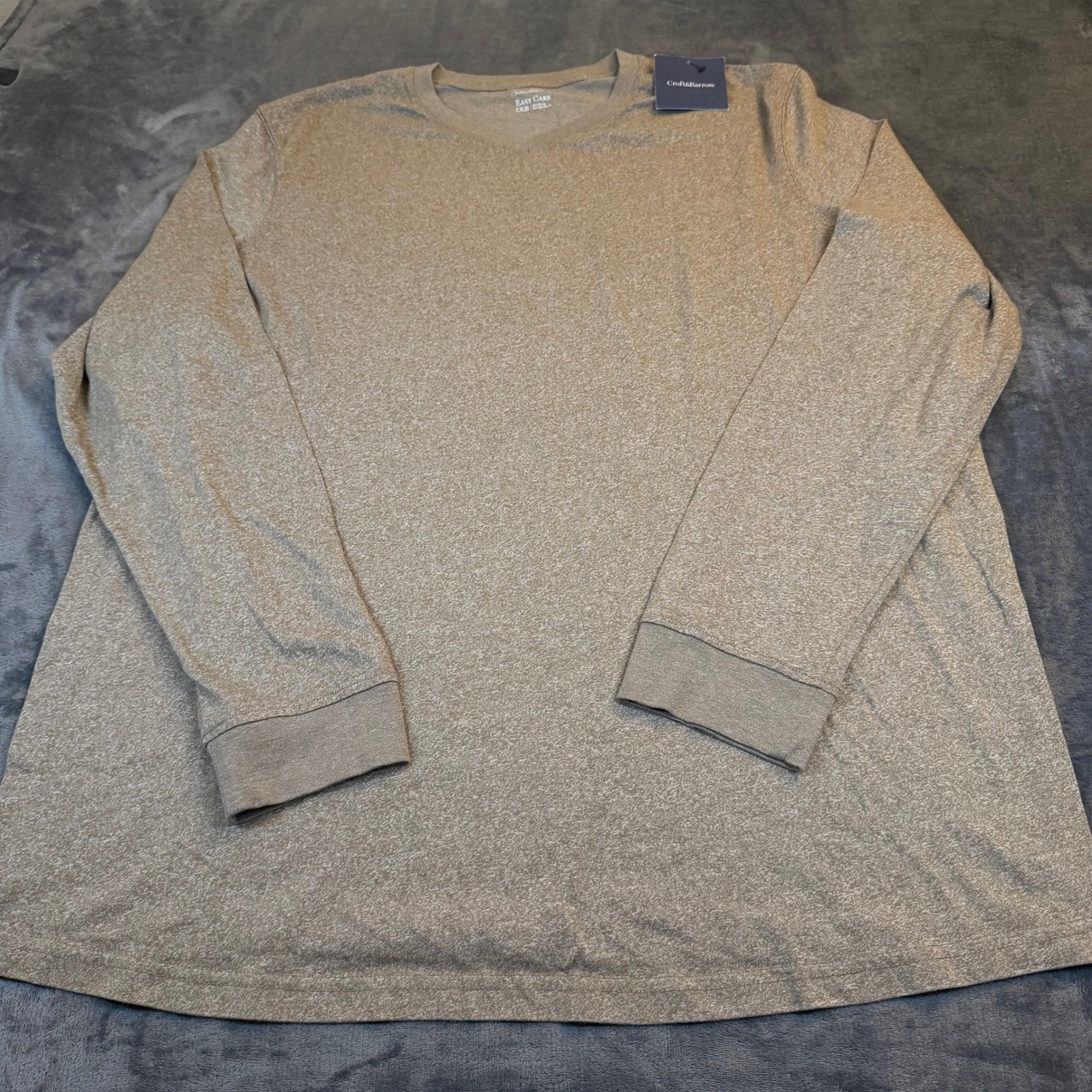Croft & Barrow Easy Care V-Neck Long Sleeve Tee Heathered Tan Mens 2XB NWT