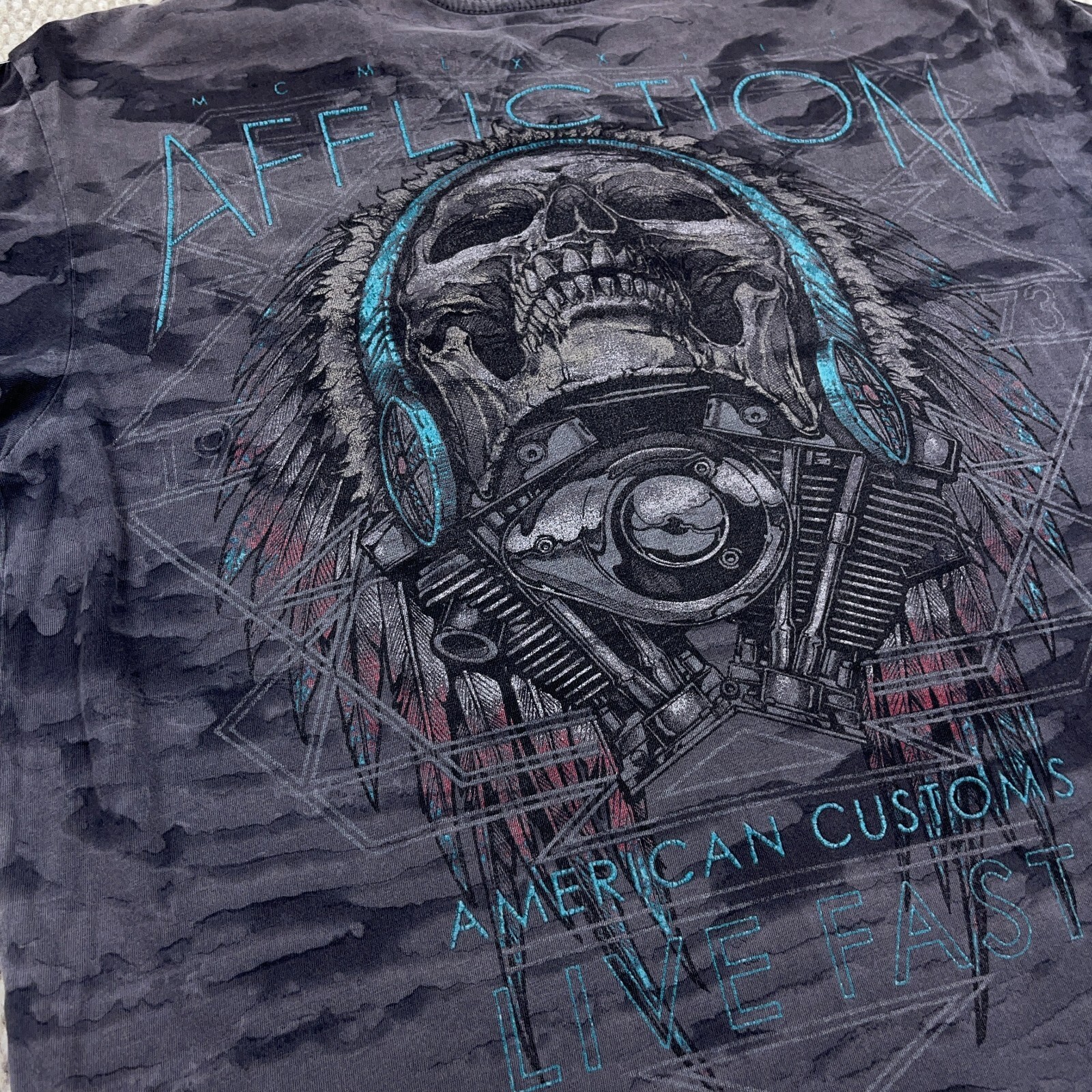 Affliction Shirt Men Medium Gray American Customs Indian Chief Tattoo MMA Live
