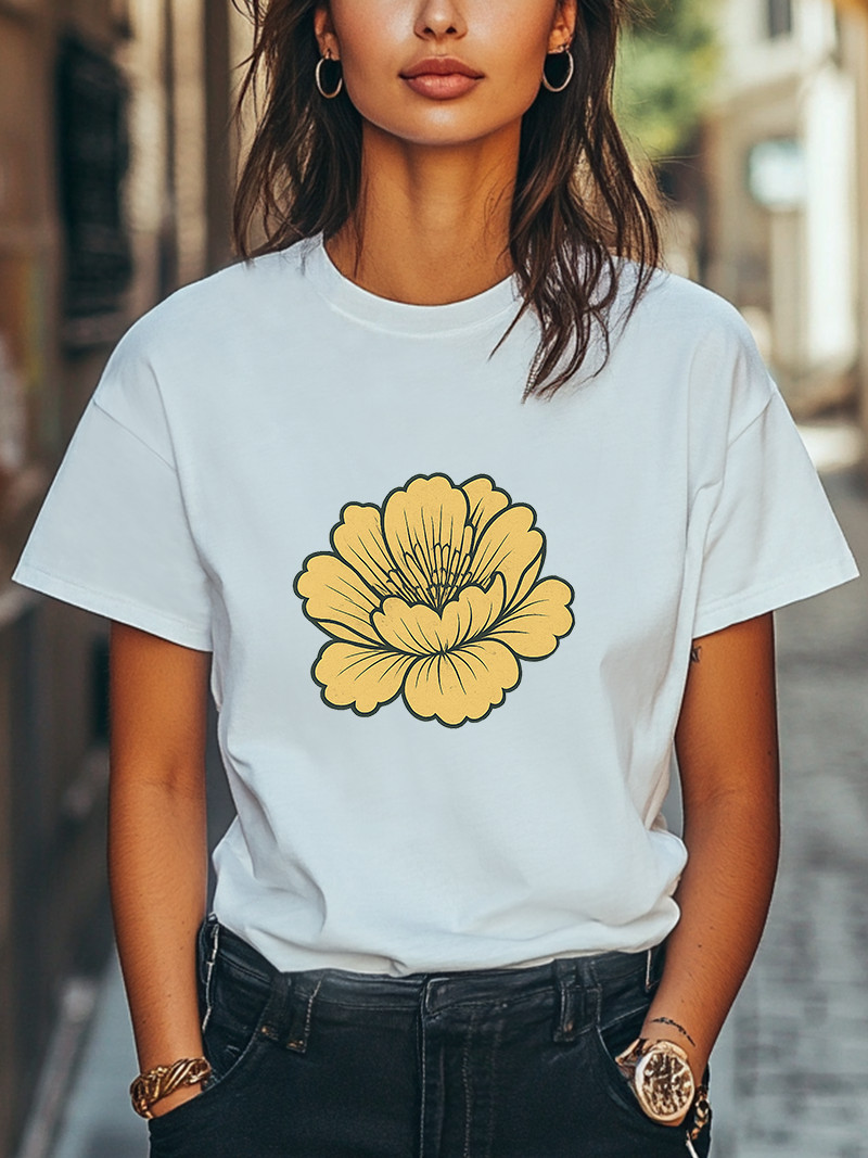 Yellow Floral Graphic T-Shirt Retro Bloom Minimalist Tee Cute Botanical Summer