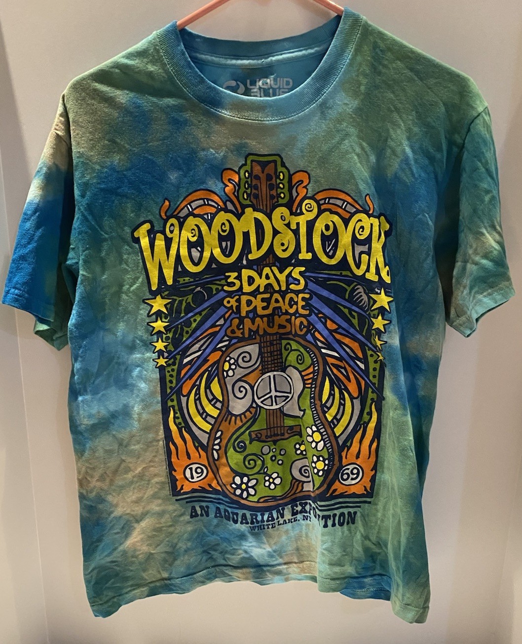 Woodstock Liquid Blue Rainbow Tye Dye Adult T Shirt Size Small Classic Rock Tee