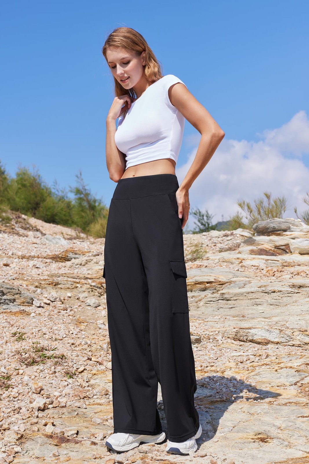 Women Casual Wide Leg Cargo Pants Stretch High Waisted Pull On Lounge Work Pa…