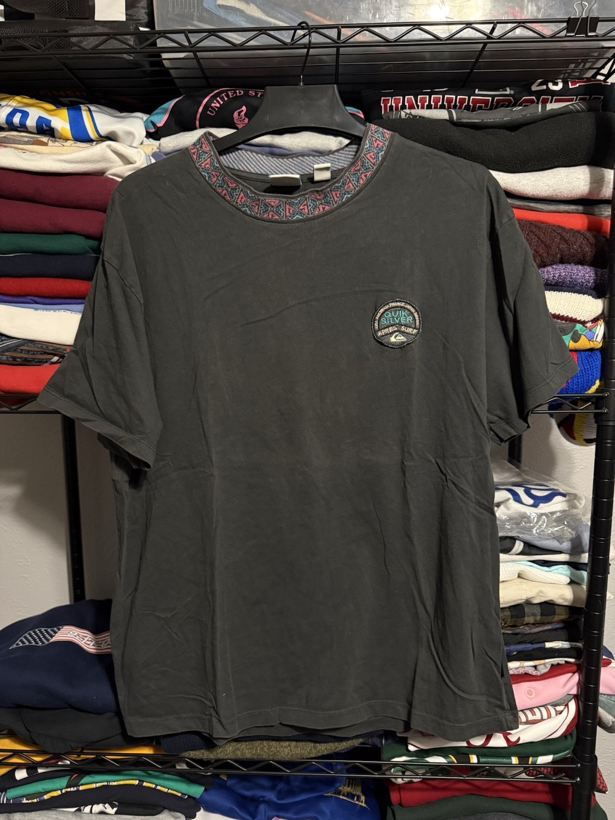 Quiksilver x Apres Surf Patterned Mock Neck T-Shirt Mens Large Black