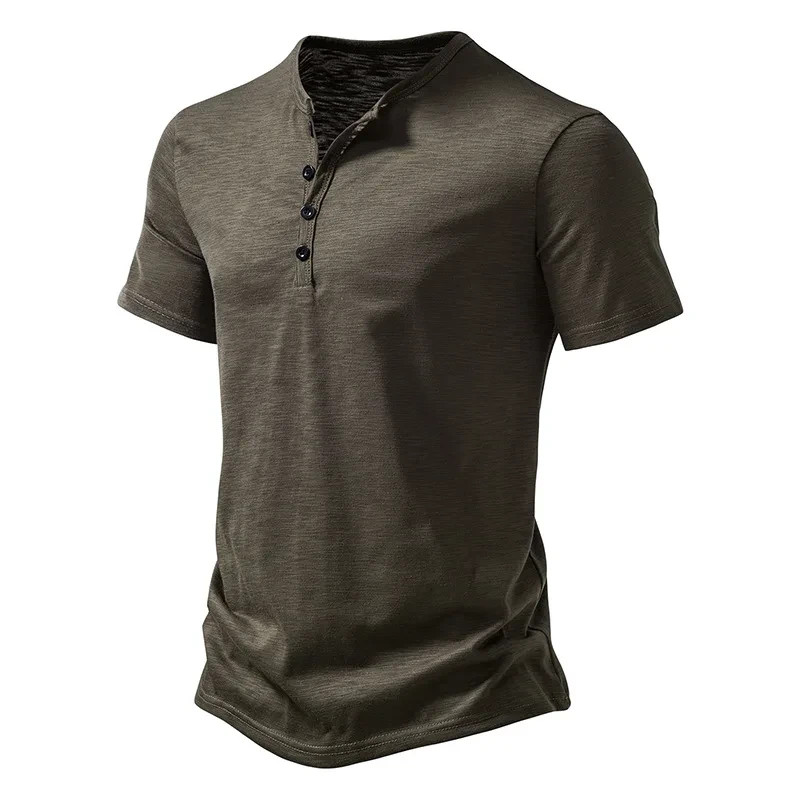 Henley Collar Summer Men Casual Solid Color Short Sleeve T Shirt for Men