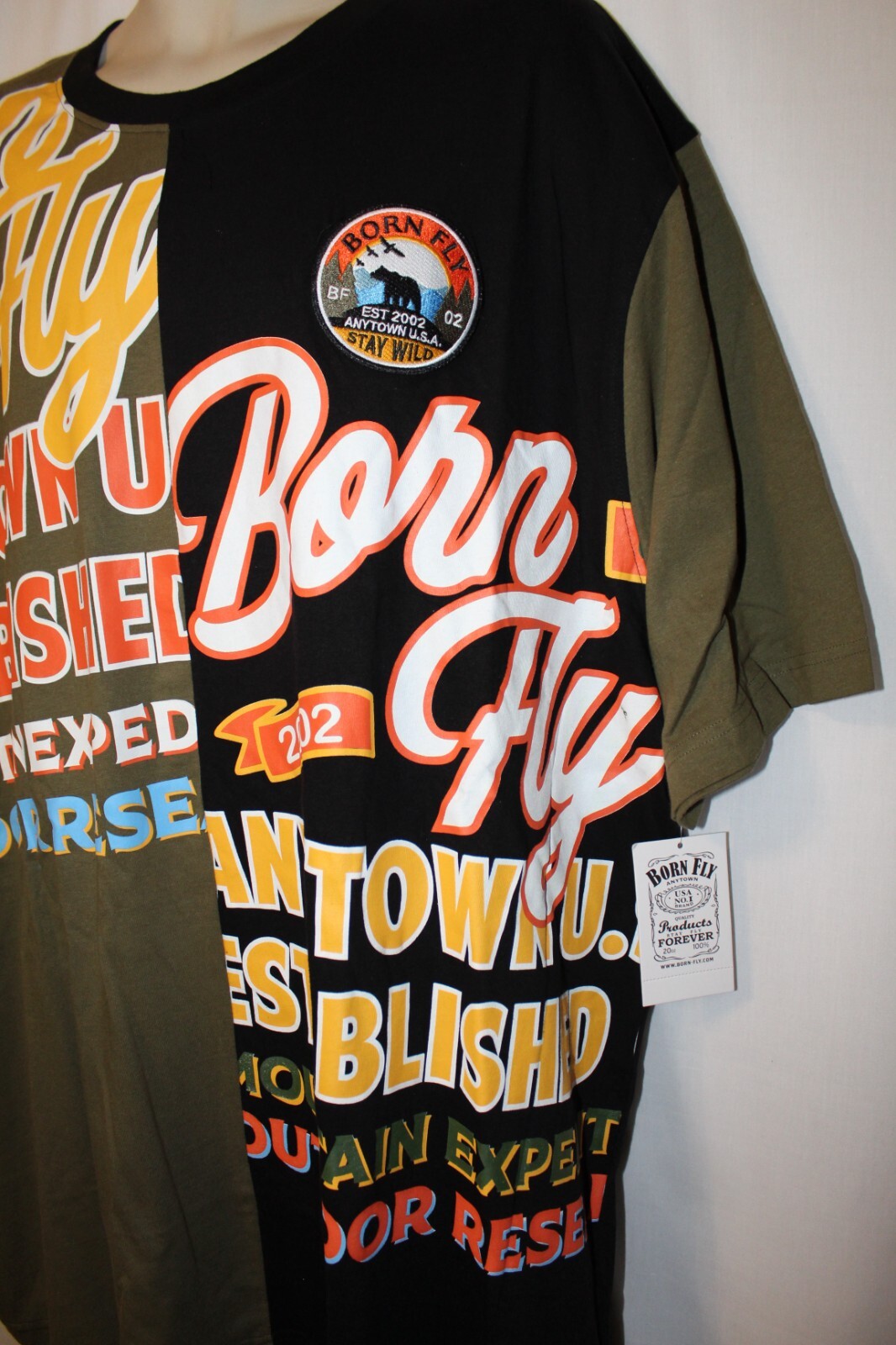 mens born fly stay wild half and half t-shirt L nwt black olive green