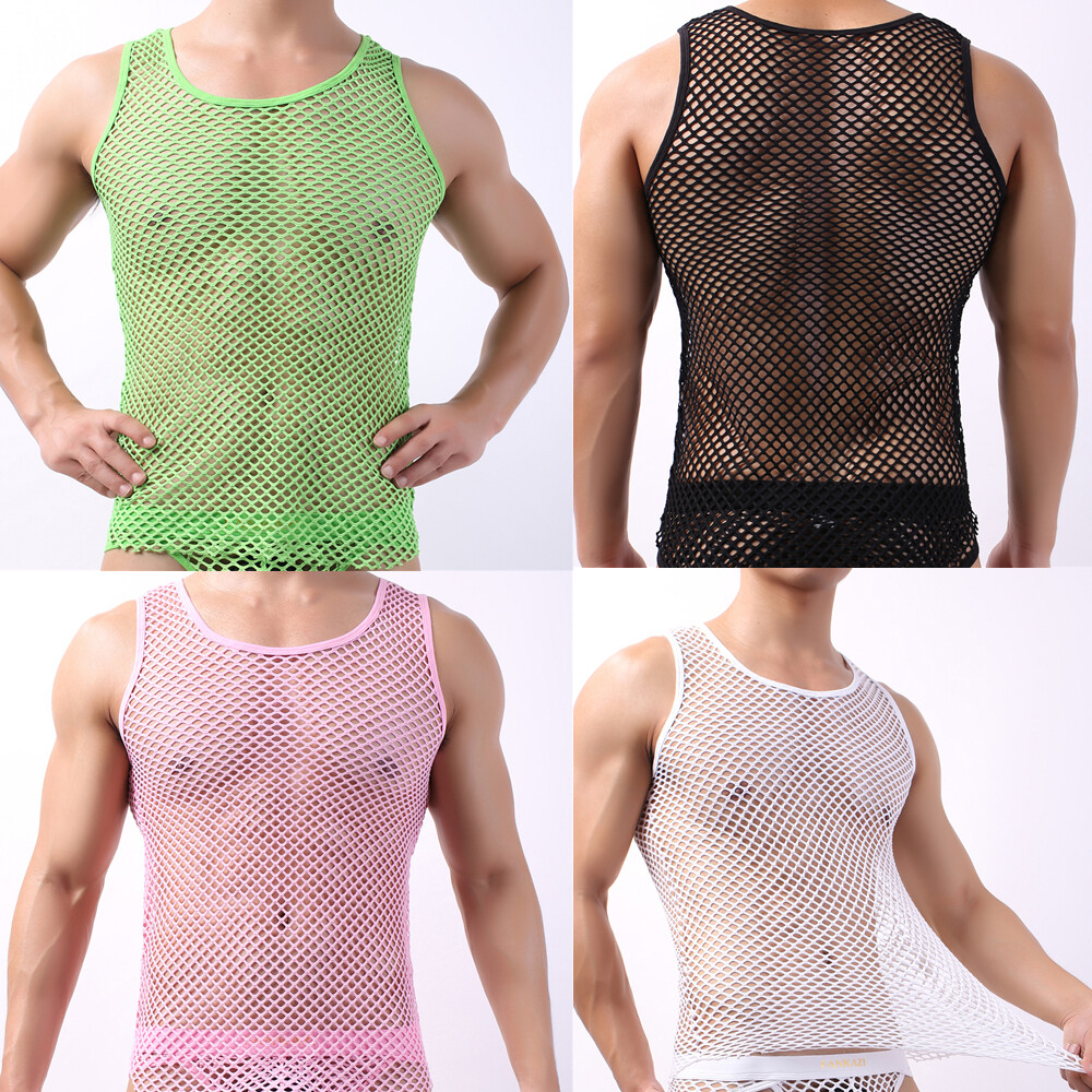 Men Lingerie Tank Top Mesh See Through Fishnet Vest T-Shirt Sleeveless Sport Top