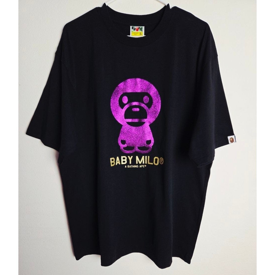 A Bathing Ape BAPE Baby Milo T-Shirt XL Black Purple Metallic Glitter Graphic