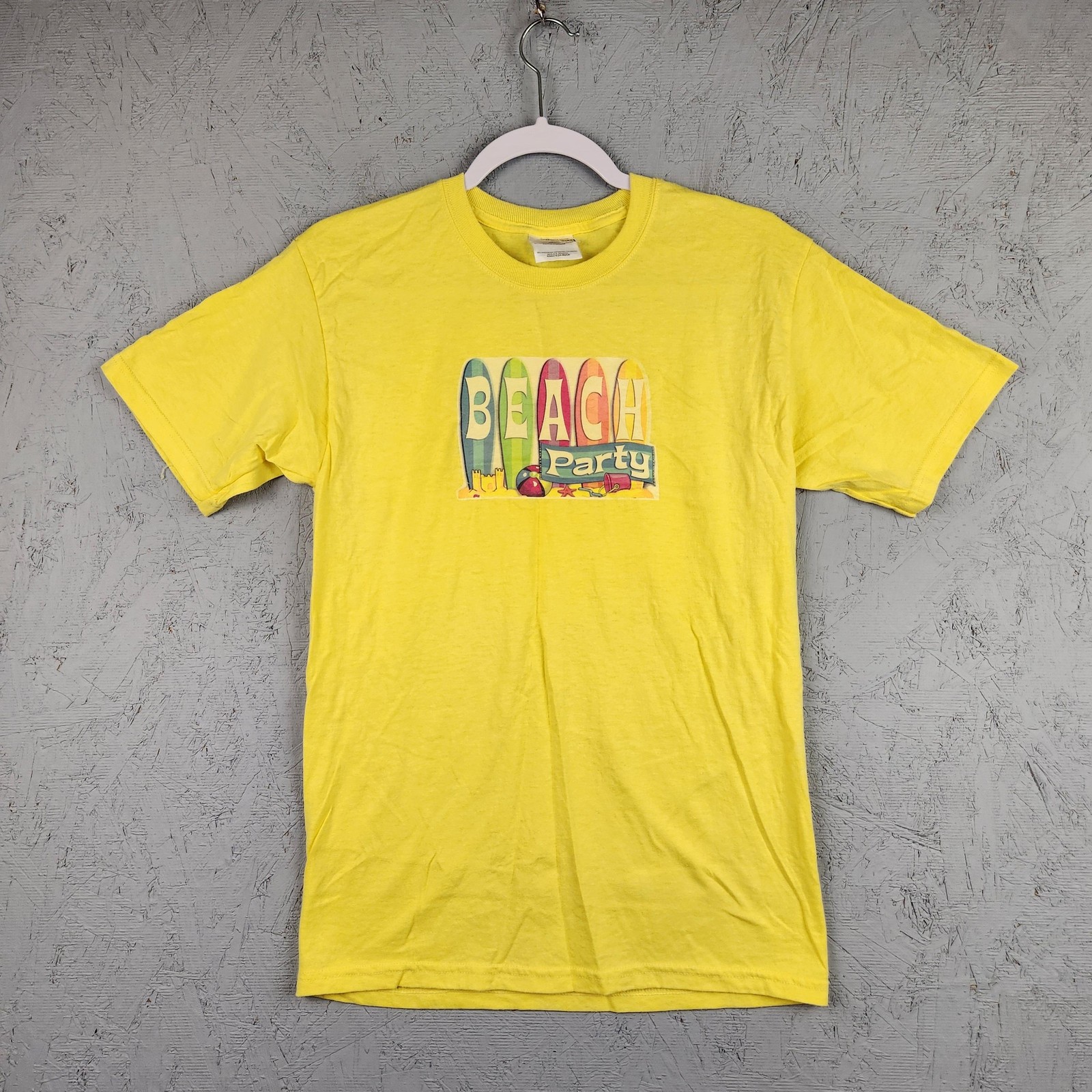 Vintage Beach Party Shirt Mens Small Yellow Surfboards Graphic Logo Y2K Preppy